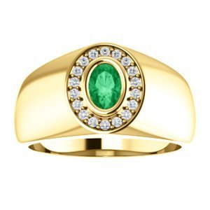 14KT Gold Emerald & Diamond Oval Halo Ring for Men - 0.48CT Emerald & 0.18CTW Diamond Engagement Wedding Band - Perfect for Proposals, Anniversaries & Special Occasions