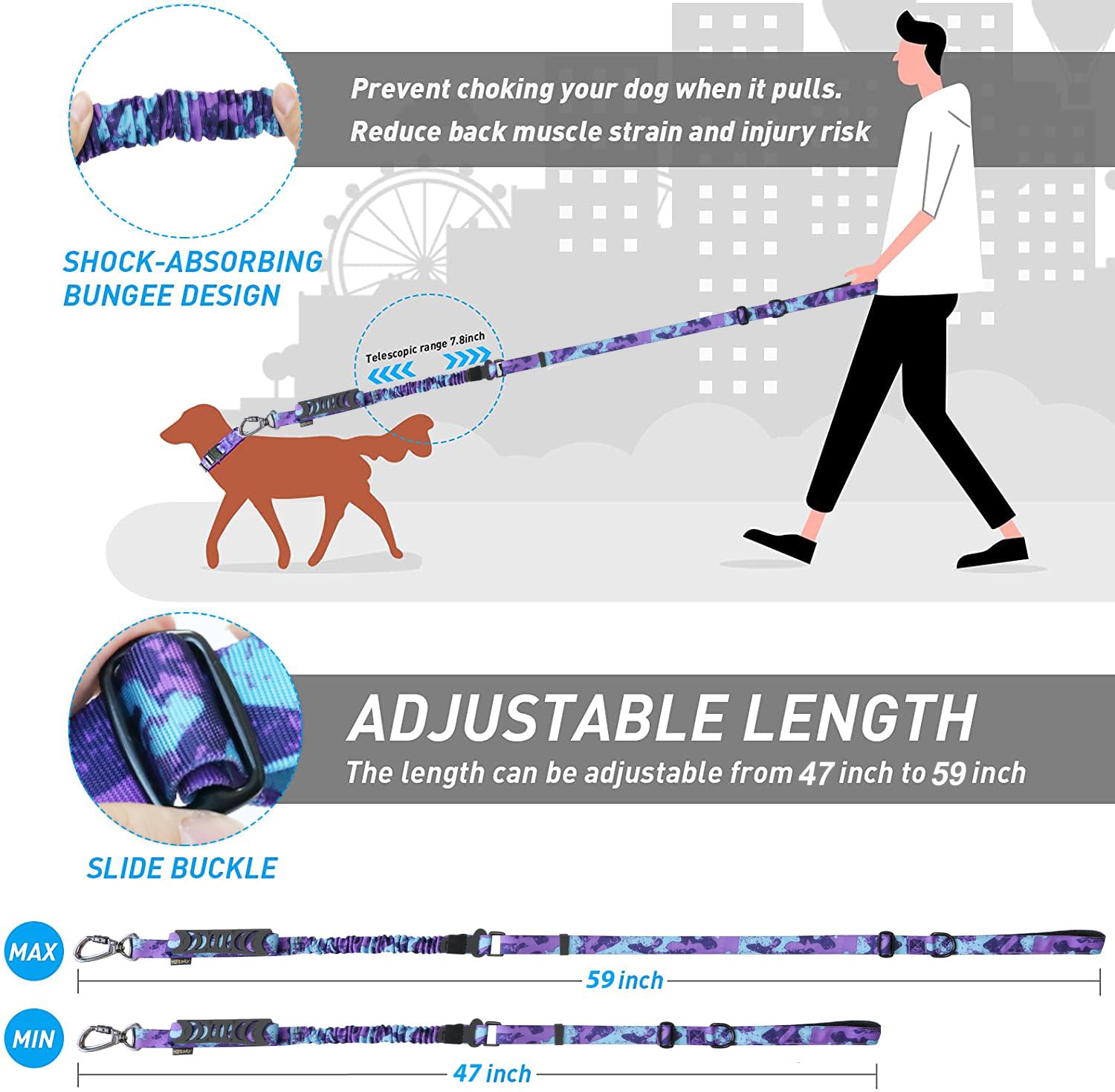 **Hotsky Heavy Duty Tactical Dog Leash for Medium & Large Dogs - 4-6Ft Bungee Shock Absorbing No-Pull Leash with Padded Double Handle & Car Seatbelt - Purple Camo - Perfect for Walking, Running & Travel**