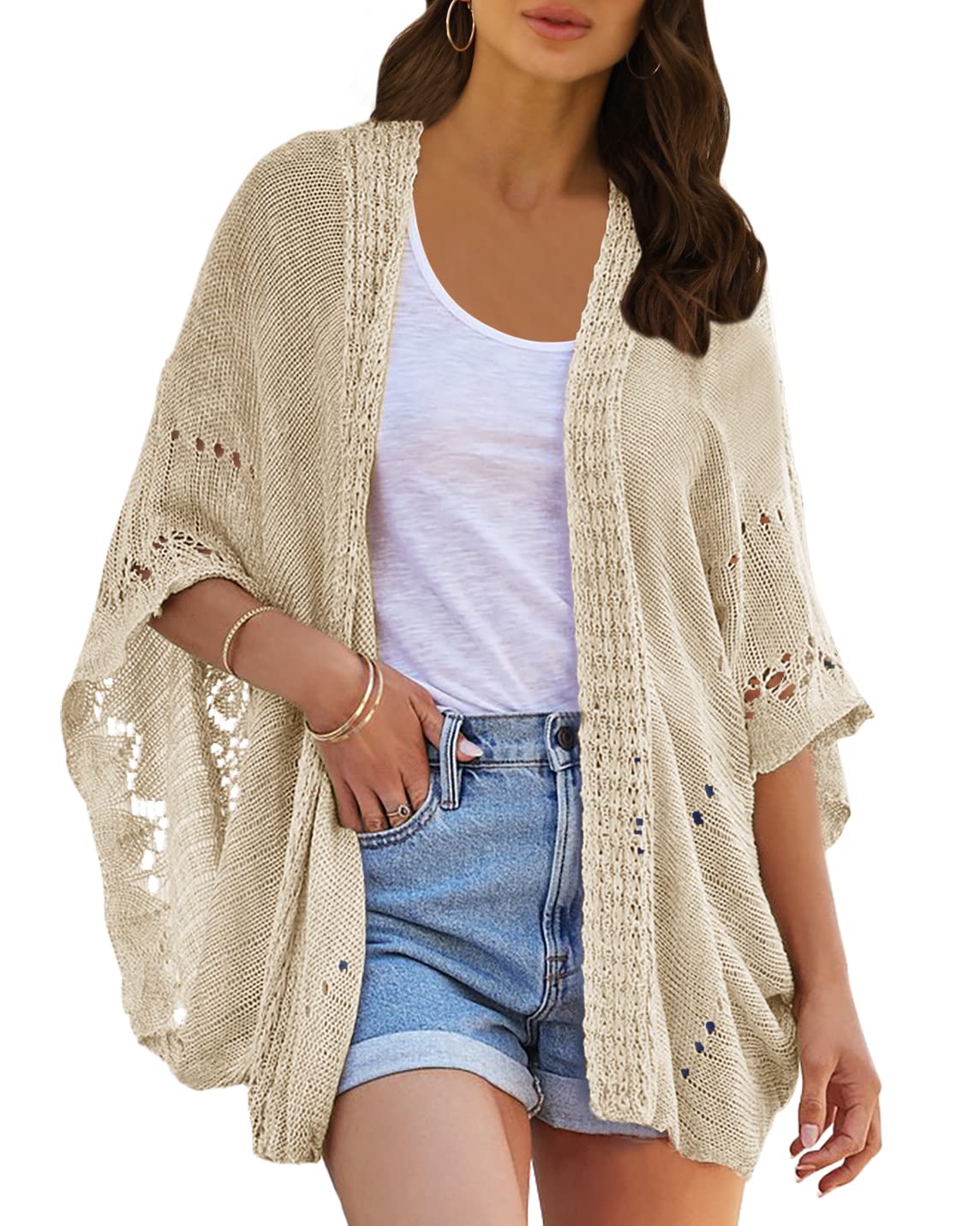 Ermonn Women's Lightweight Crochet Cardigan Sweater - Open Front Kimono Batwing Sleeve Casual Cover-Up | Perfect for Spring/Summer Outfits, Beach Cover-Up & Boho Chic Style