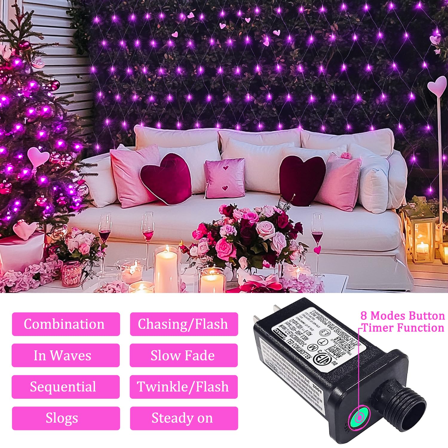 JMEXSUSS 200 LED Pink Net Lights Outdoor - 8 Modes Waterproof Mesh String Lights for Bushes, Wedding, Christmas Decor (9.8ft x 6.6ft) - Perfect for Garden, Patio, Ceiling & Holiday Lighting