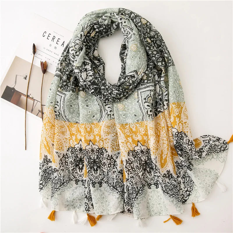 2023 Fashion Paisley Abstract Floral Tassel Viscose Shawl Scarf - Women's Lightweight Pashmina Wrap Stole & Muslim Hijab (180x90cm) - Perfect for Daily Wear, Office, Parties & Prayer