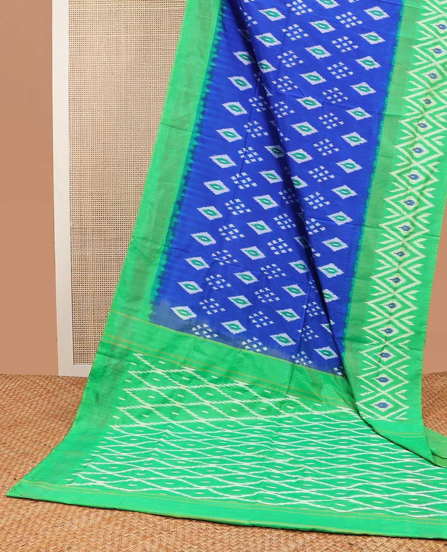 Blue Floral Ikat Saree with Geometric Border & Argyle Pallu - Elegant Indian Traditional Dress for Weddings, Parties & Festive Occasions