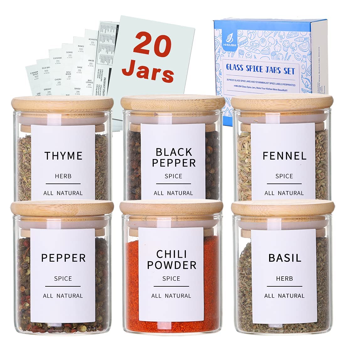 20-Pack 4oz Glass Spice Jars with Bamboo Lids - Thick 2.4mm Airtight Herb Storage Containers - Includes 131 Preprinted Waterproof Minimalist Labels - Perfect for Pantry Organization, Kitchen Spice Storage & DIY Seasoning Jars - Ideal for Home Chefs & Meal Prep