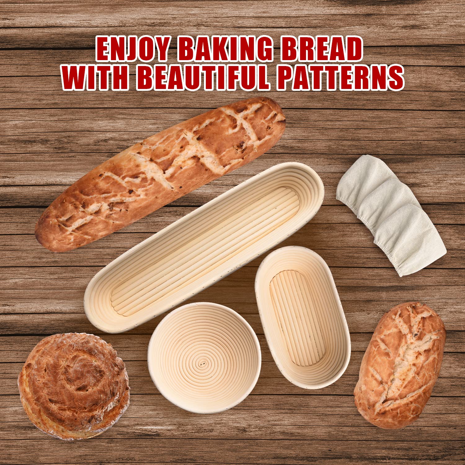 Banneton Bread Proofing Basket Set - 9'' Round, 10'' Oval & Baguette Cane Sourdough Proofing Baskets with Dough Whisk, Scrapers & Bread Lame - Complete Sourdough Bread Baking Kit for Artisan Bread Making at Home
