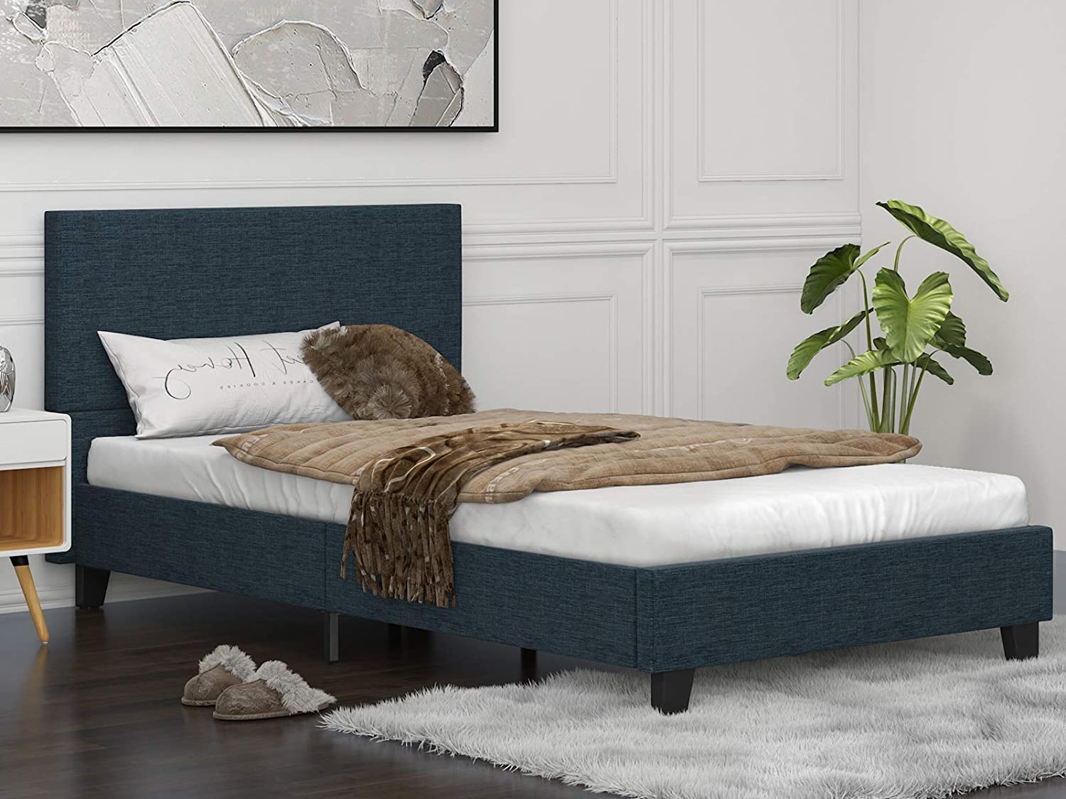 Chic Upholstered Platform Bed Frame with Headboard & Wood Slat Support - No Box Spring Needed - Queen Size Blue Bed - Easy Assembly - Perfect for Modern Bedrooms & Guest Rooms