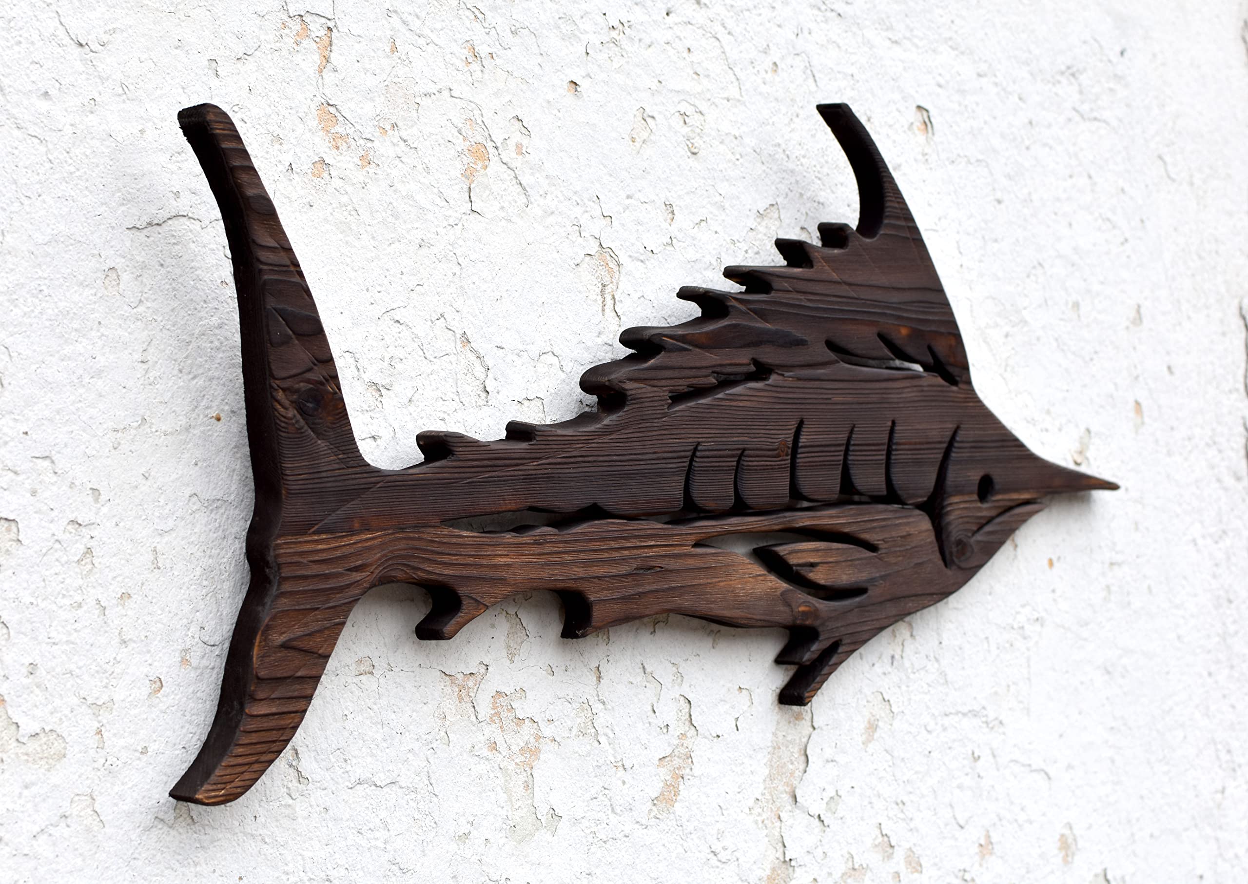 Hand Carved Wooden Marlin Wall Art - Coastal Fish Sculpture Decor for Beach House, Living Room & Office (Brown)