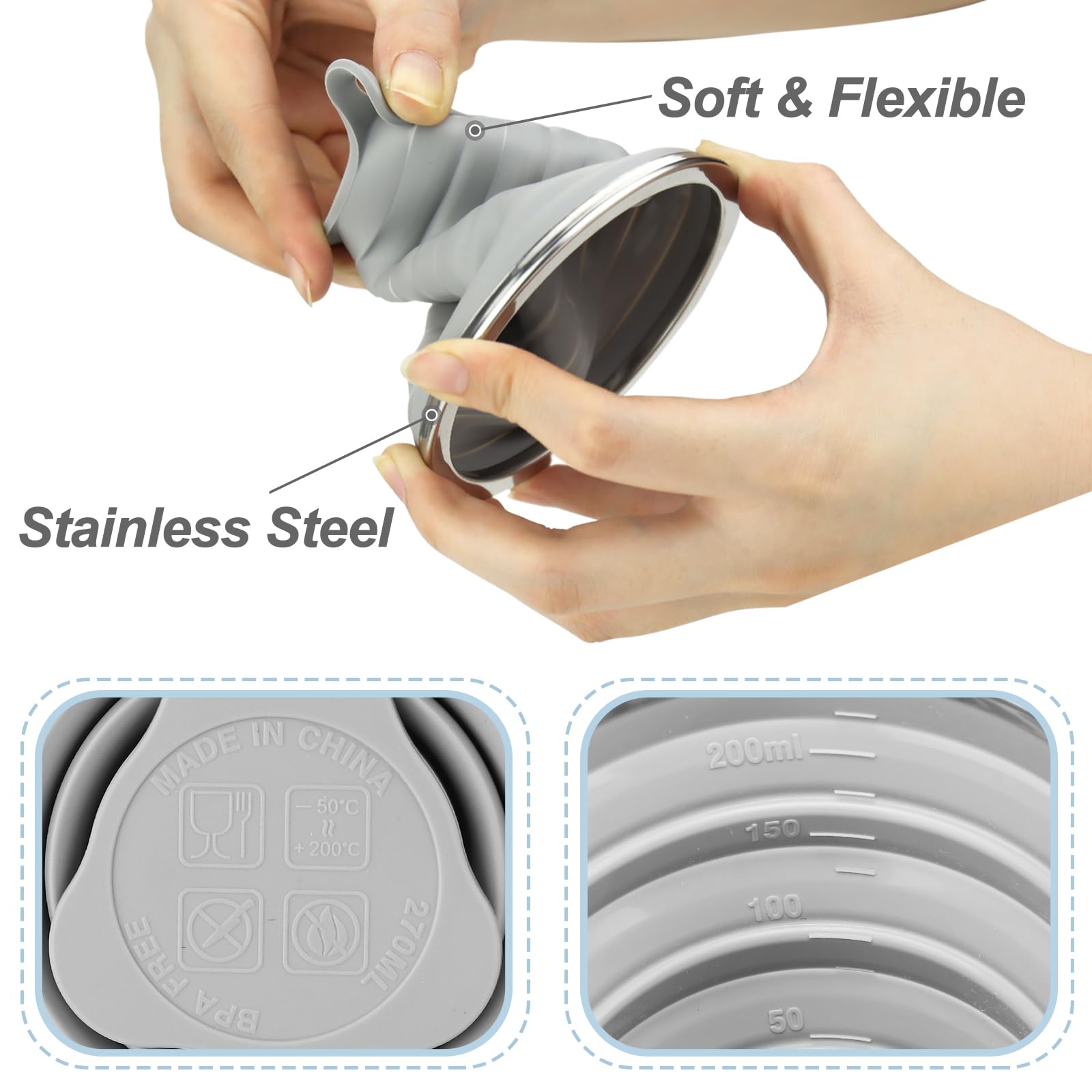 Collapsible Silicone Travel Cup with Lid - Reusable 270ml Portable Drinking Cup for Camping, Hiking & Outdoor Activities - BPA-Free, Space-Saving Design (Blue/Gray, 2 Pack) - Perfect for Backpacking, Picnics & Emergency Kits