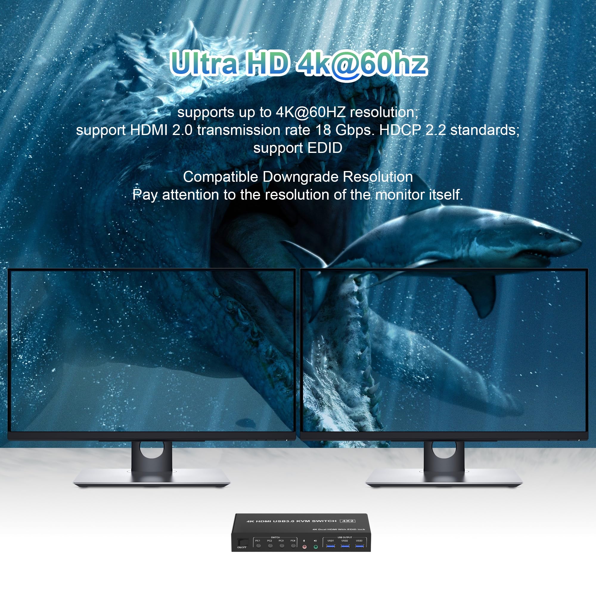 4K@60Hz HDMI KVM Switch for 4 Computers to 2 Monitors - Dual Monitor Support, EDID Emulation, Audio/Mic & 3 USB 3.0 Ports for Keyboard/Mouse - Perfect for Home Office, Gaming Setup & Multi-PC Workstations
