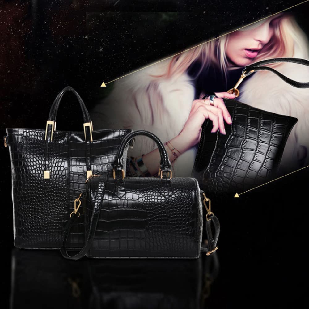 3PC Women's Crocodile Pattern Handbag Set - Satchel, Shoulder Tote & Wallet for Work & Travel