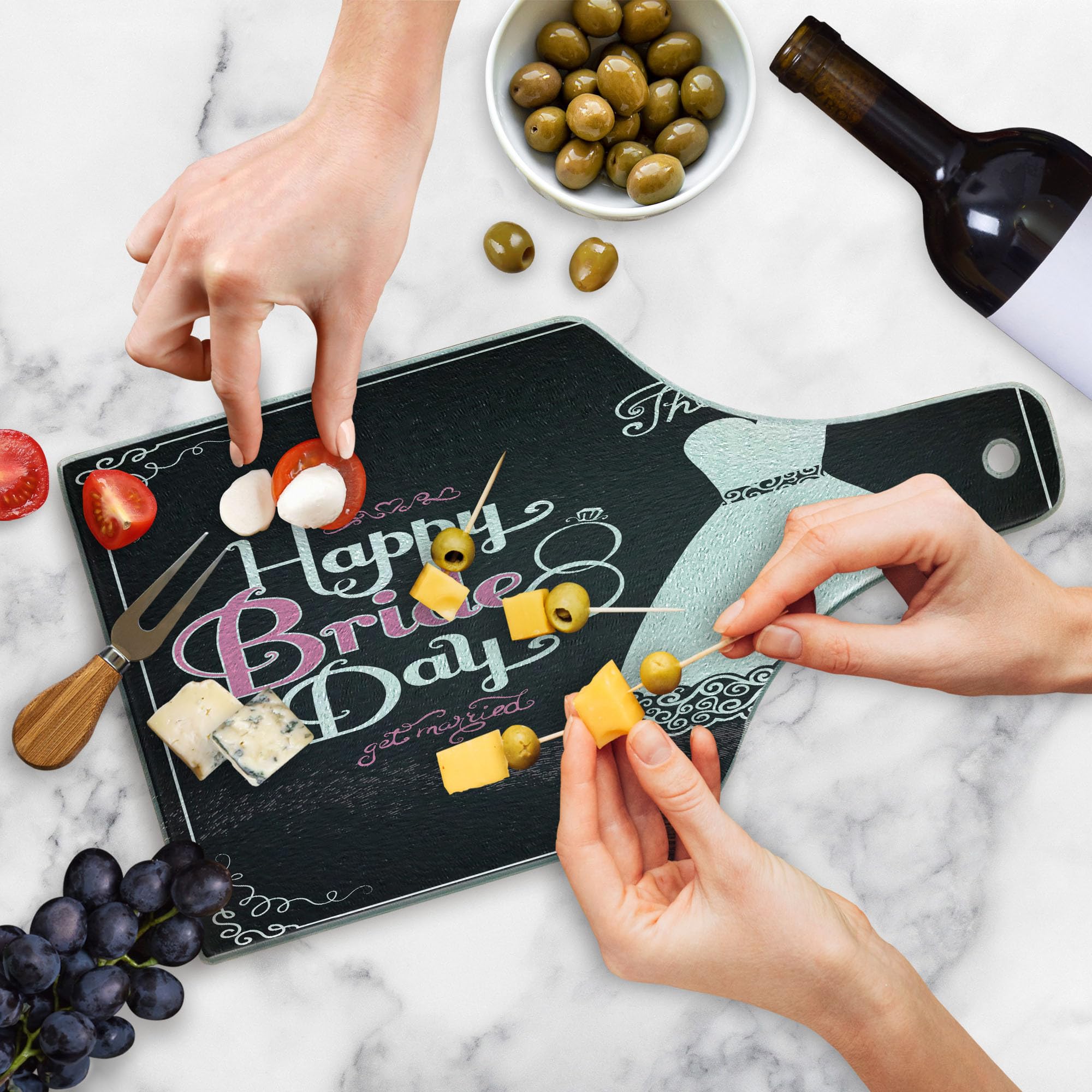 Ambesonne Wine Bottle Shaped Tempered Glass Cutting Board - Happy Bride Day Wedding Dress Swirls Art Print - Decorative Serving Board for Bridal Showers, Kitchen & Party Use - Black White & Pink Design