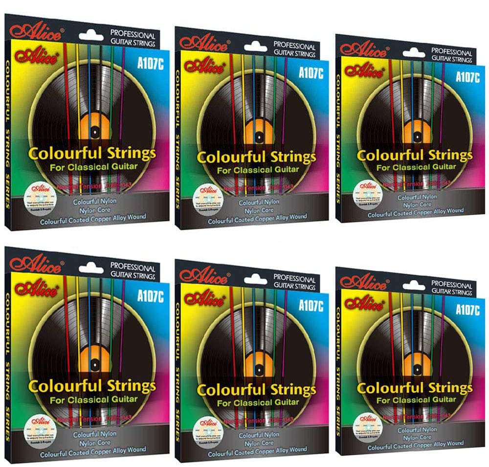 6 Pack A107C Colorful Nylon Coated Copper Classical Guitar Strings Set - Bright Sound & Durable for Beginners & Professionals (Perfect for Practice, Performances & Studio Recording)