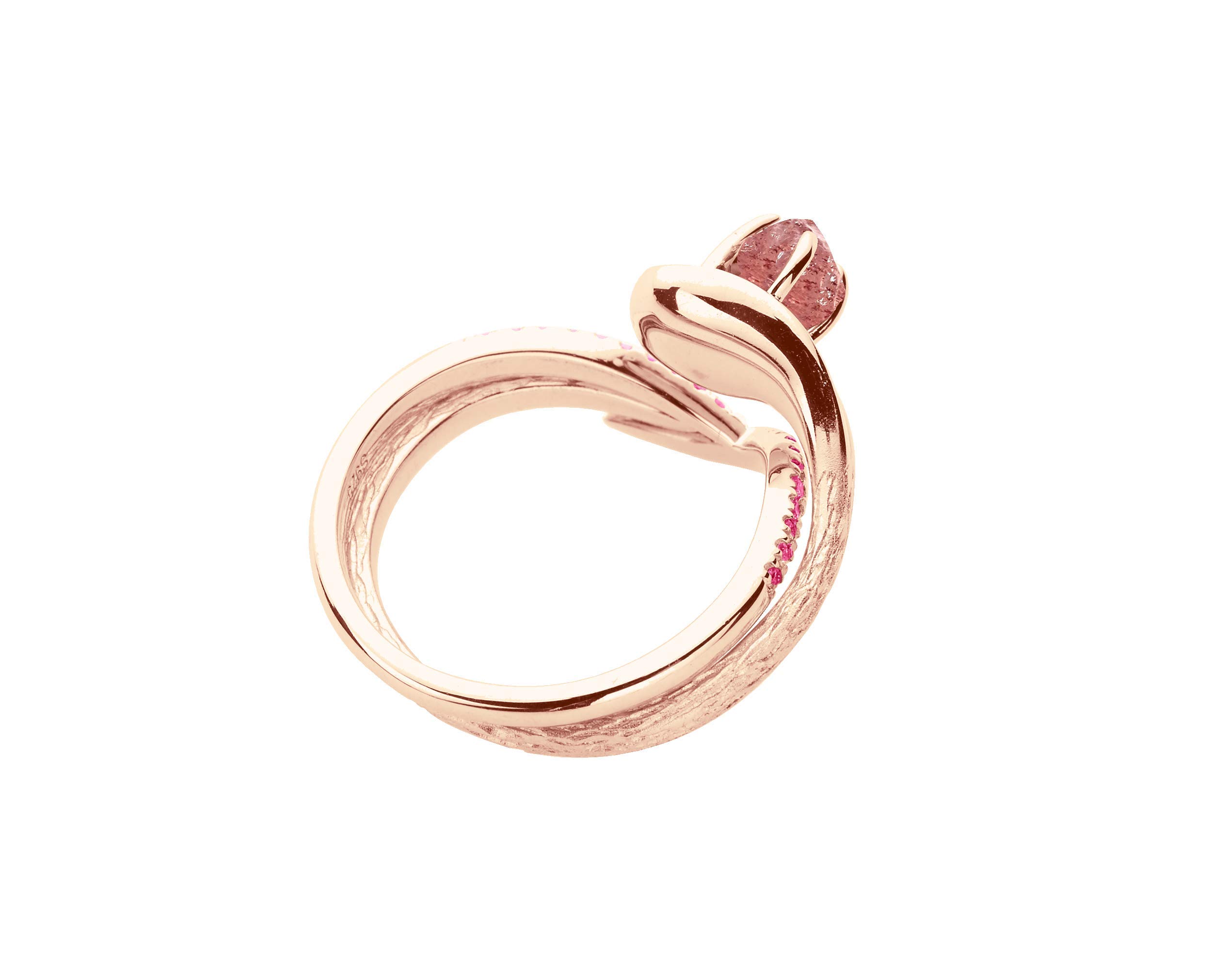 Majade Lily Wedding Ring Set - Raw Rose Quartz Engagement Ring & Pink Sapphire Wedding Band Bridal Set in 14K Gold | Handmade Twig Wood Texture, Nature-Inspired Floral Matching Rings for Brides, Anniversaries & Romantic Gifts