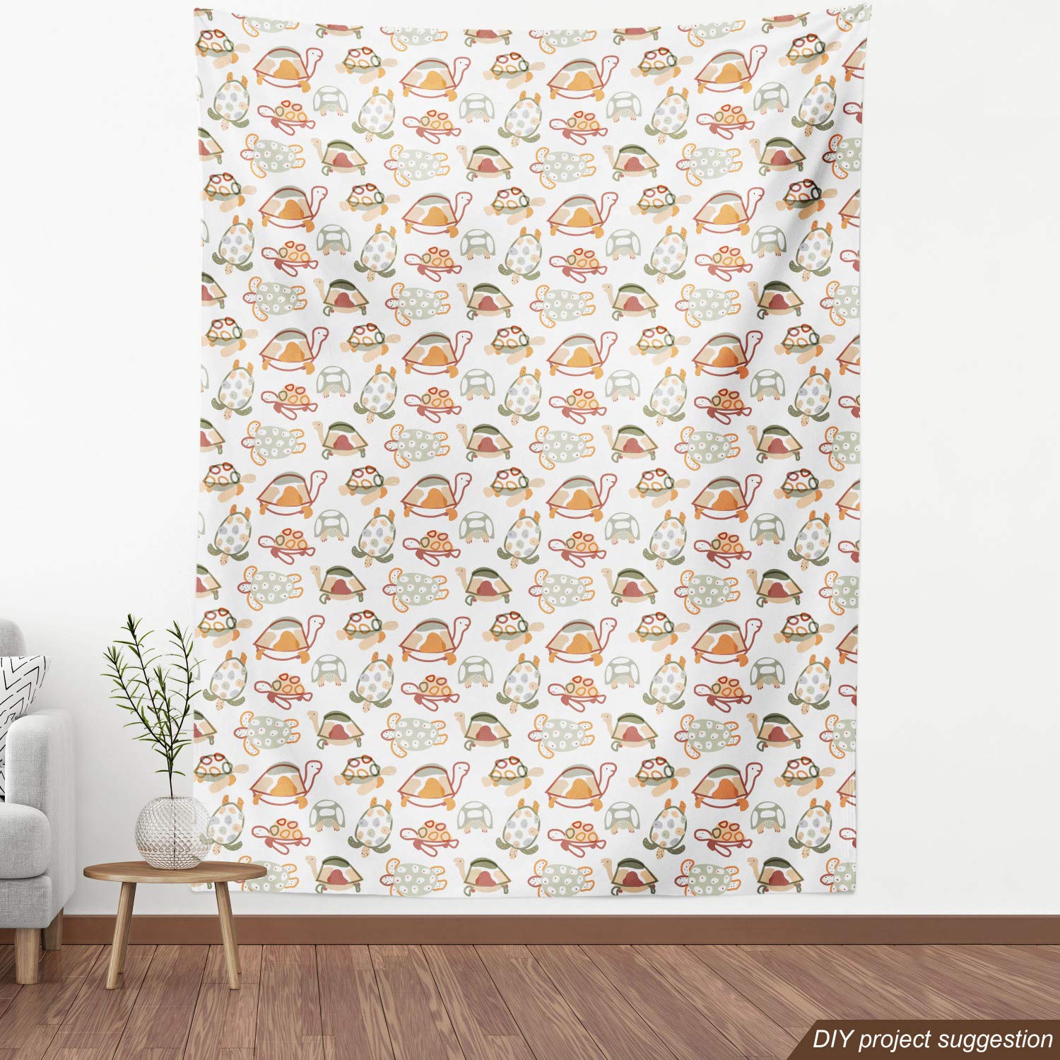 Lunarable Cartoon Fabric by The Yard - Pastel Tones Funny Turtle Animal Print Fabric for Upholstery, DIY Crafts & Home Decor | 10 Yards White Beige | Perfect for Pillows, Curtains & Nursery Decor