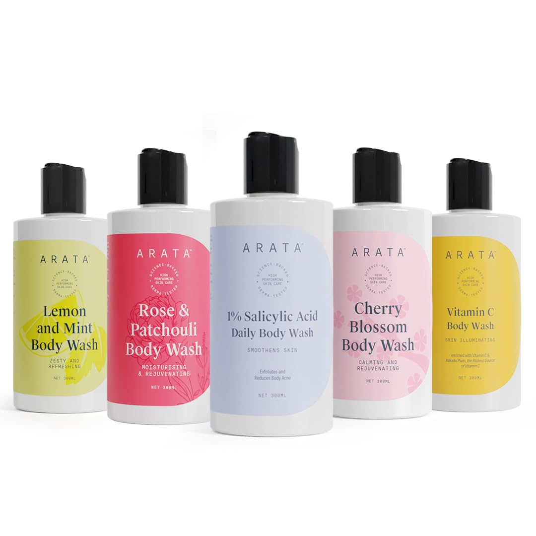 Arata Body Wash Gift Set - 5 Pack with Rose & Patchouli, Vitamin C, 1% Salicylic Acid, Cherry Blossom, Lemon & Mint (1500ml Total) | Gentle Cleansing for Dry, Oily & Sensitive Skin | Perfect for Shower, Spa & Daily Skincare Routine