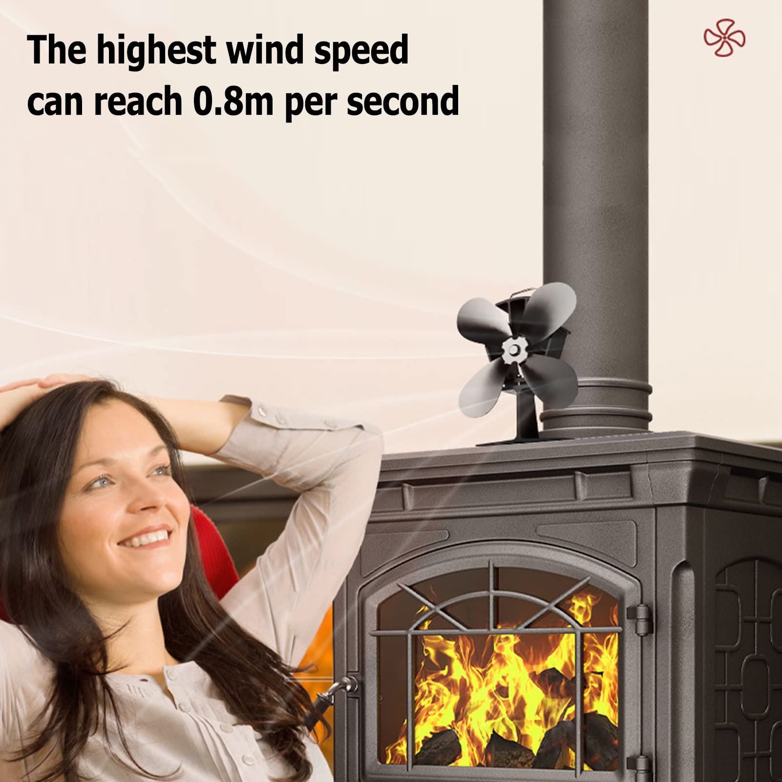 DYK&NX 4-Blade Silent Heat Powered Stove Fan - Large Airflow Wood Burner Fan for Fireplace, Log Burner & Stove - Eco-Friendly Heating Accessory for Home, Cabin & Camping Use