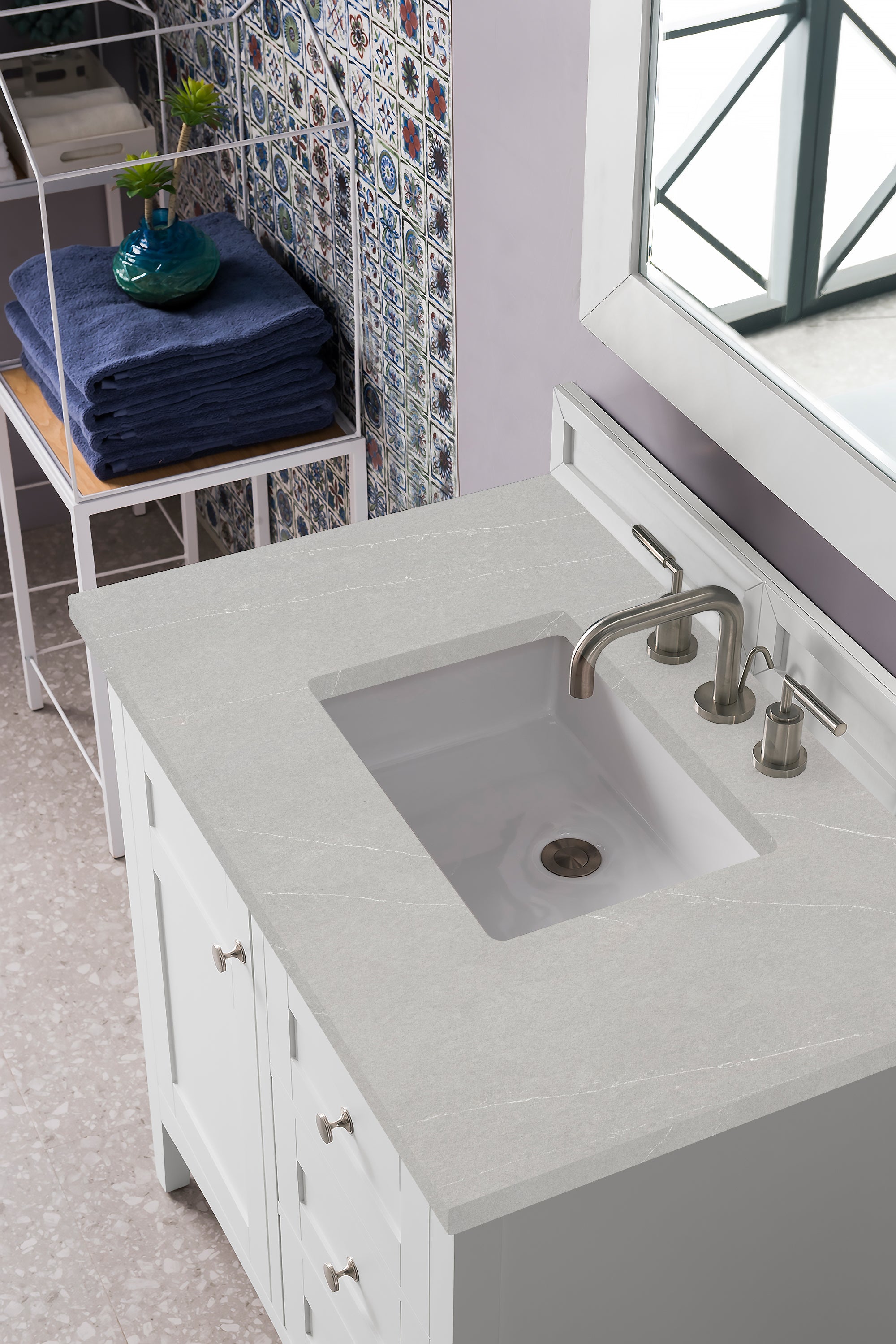 Palisades 36 Inch Single Bathroom Vanity Set with 3CM Eternal Serena Quartz Top in Bright White - Perfect for Modern Bathroom Remodeling and Small Space Design