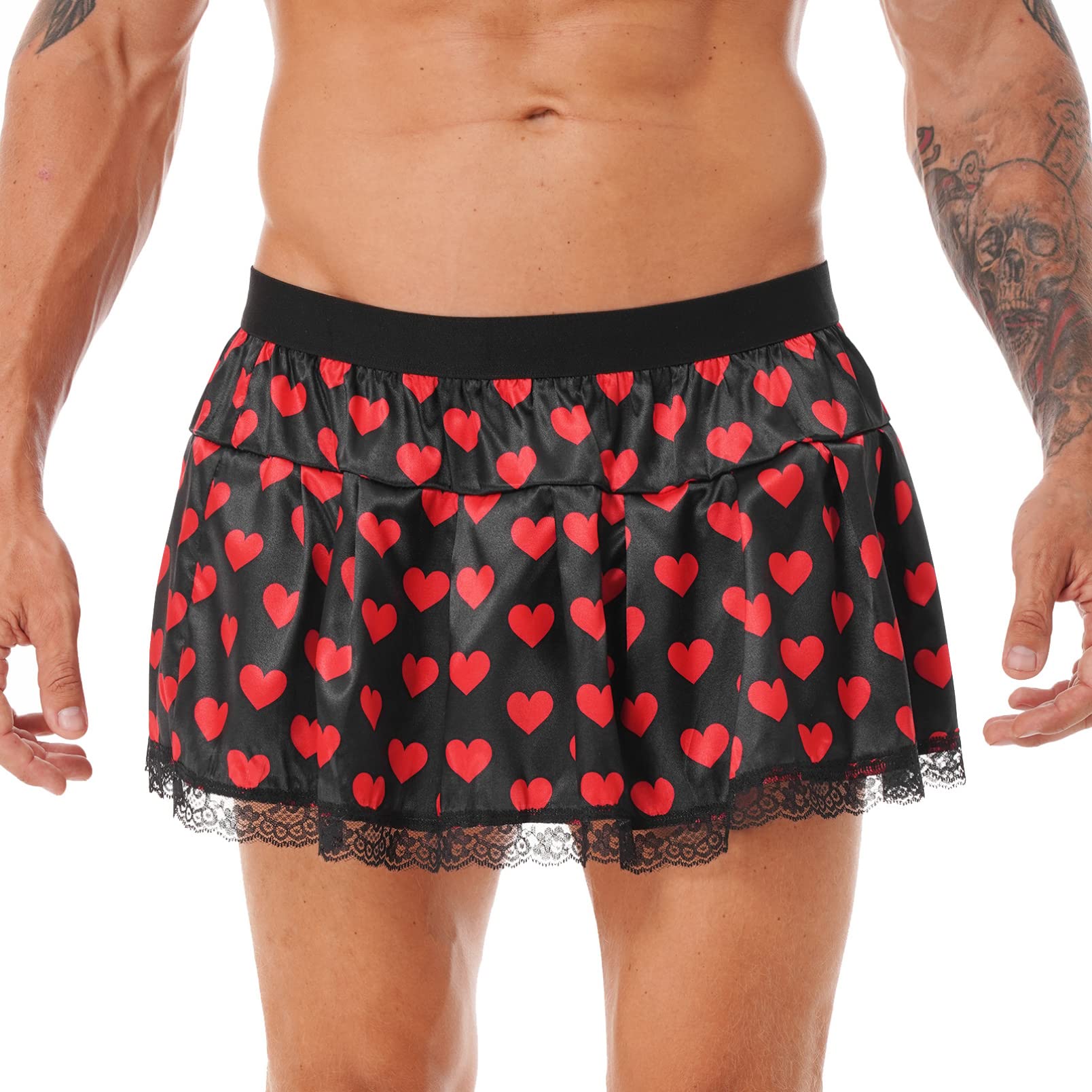 **dPois Men's Satin Lace Trim Pleated Skirt - Crossdressing & Nightwear for LGBTQ+ - Perfect for Parties, Cosplay & Sensual Wear**