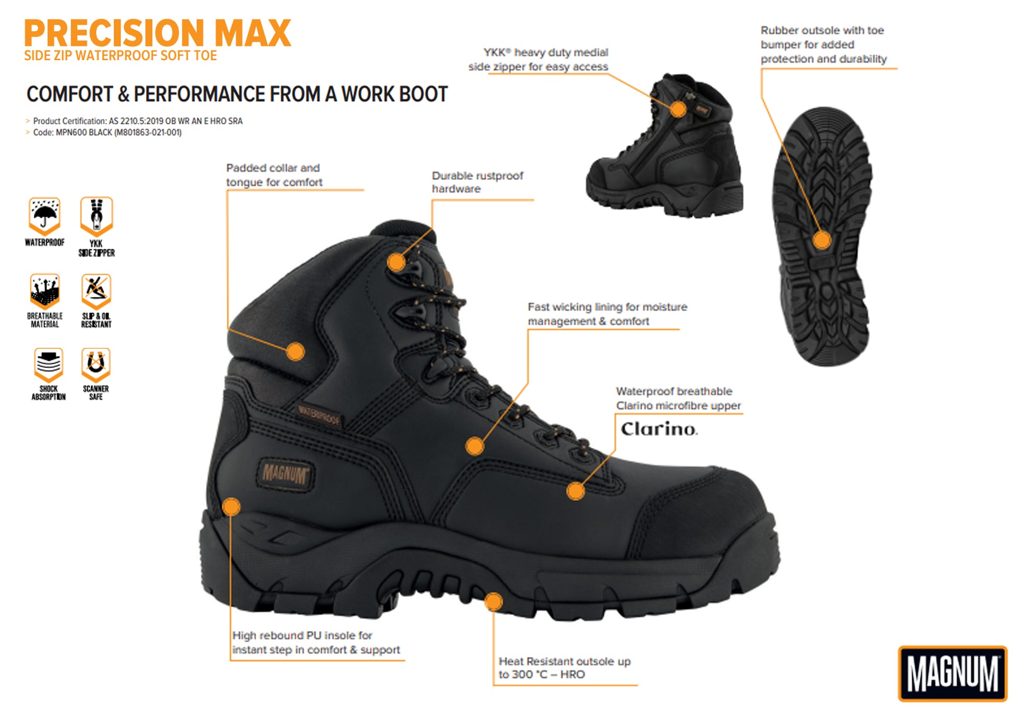 Magnum Men's Waterproof Precision Max SZ WPI Work Boots - Non-Safety Toe, Durable & Comfortable for Construction, Hiking, and Outdoor Work