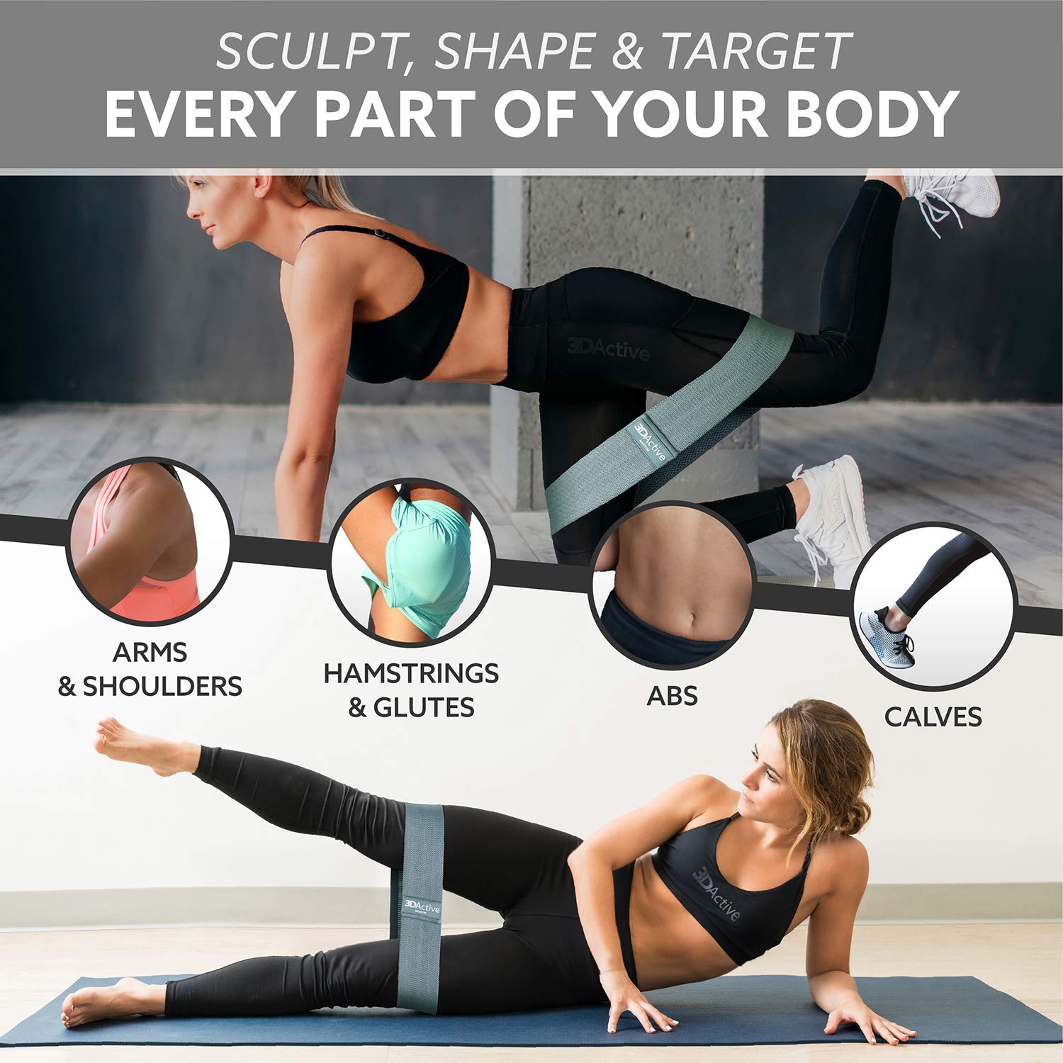 3DActive Fabric Resistance Bands for Legs & Butt Workouts - Non-Slip Hip Band Set for Home & Gym Training - Includes Exercise Guide & Carry Bag - Perfect for Toning, Strength Training & Physical Therapy