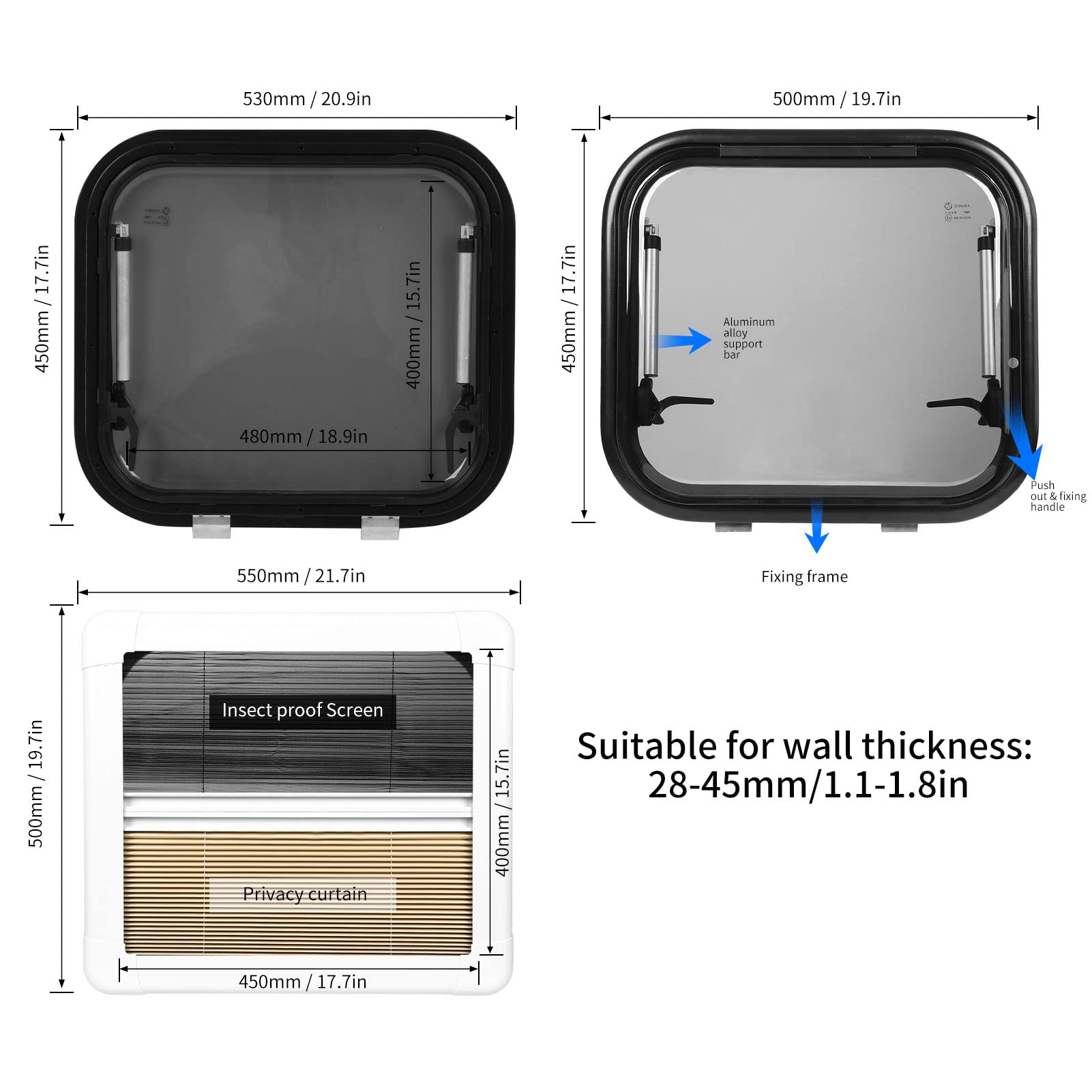 Aramox RV Push Out Window - Double Layer UV Resistant Acrylic Glass with Thermal & Sound Insulation - External RV Exit Window with Curtain for Camping & Travel Trailers