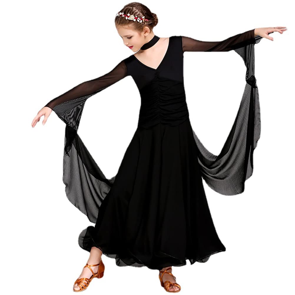 Girls Long Sleeve Romantic Floating Yarn Ballroom Dance Dress - Elegant Competition & Performance Outfit for Modern Dance, Waltz, Latin & Ballet - Perfect for Recitals, Shows & Special Occasions