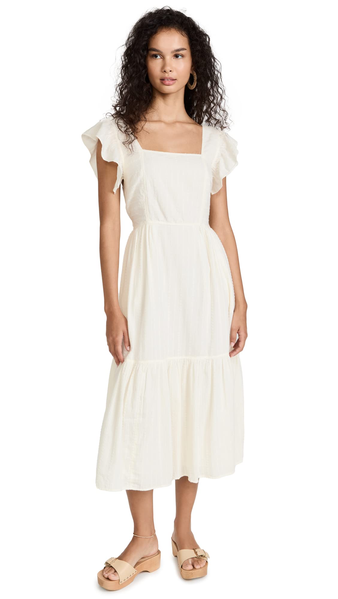 Madewell Women's Ruffle Strap Tiered Midi Dress - Textured Striped Flowy Summer Dress for Beach, Wedding & Casual Outings