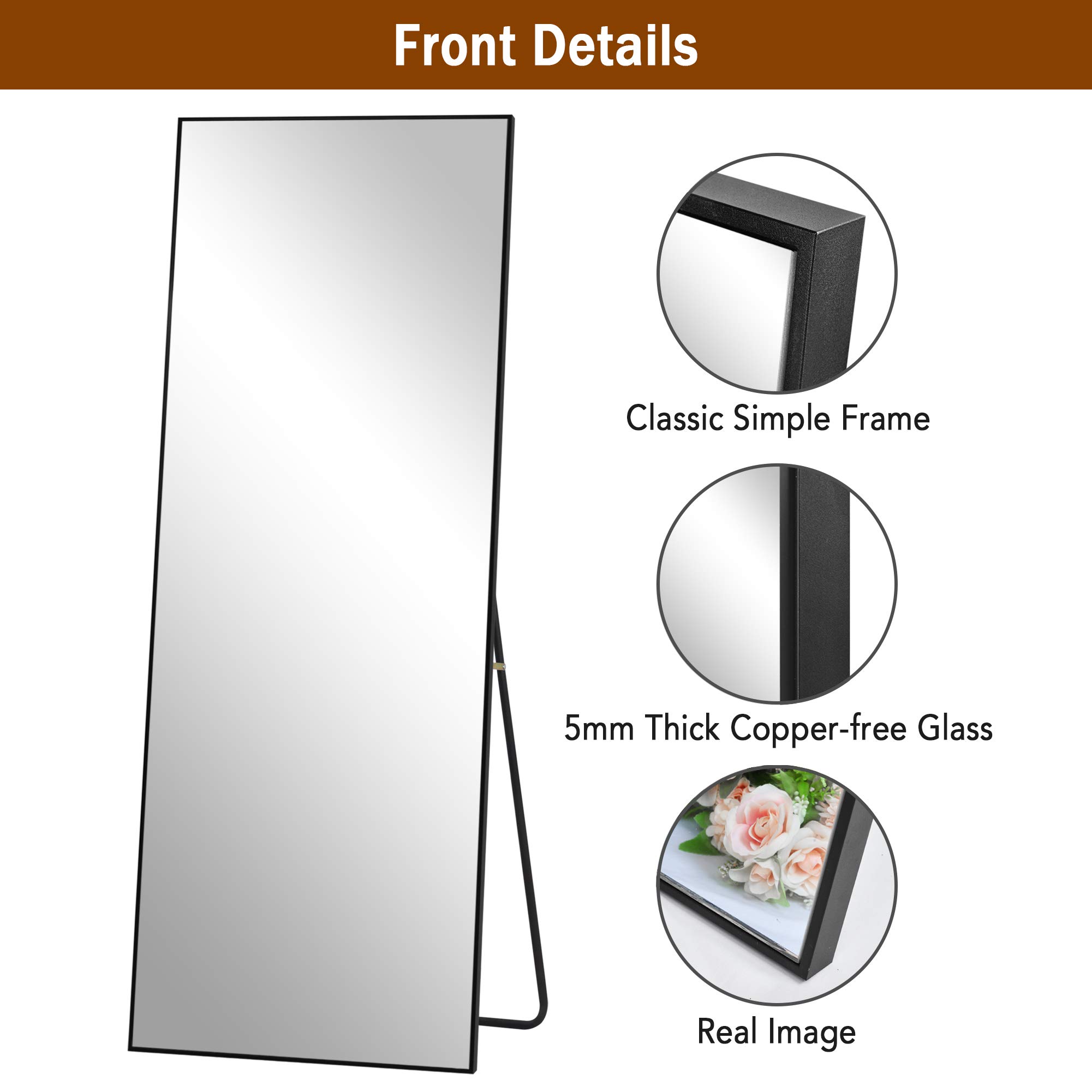 BEHOME 65x22 Inch Full Length Mirror - Aluminum Alloy Standing Floor Mirror with Thin Frame & Bracket - Full Body Vanity Mirror for Bedroom, Living Room, Dressing Room & Home Decor (Black)