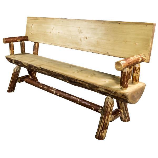 Glacier Country Half Log Bench with Back & Arms - Rustic Outdoor Wooden Seating for Garden, Patio & Backyard Relaxation