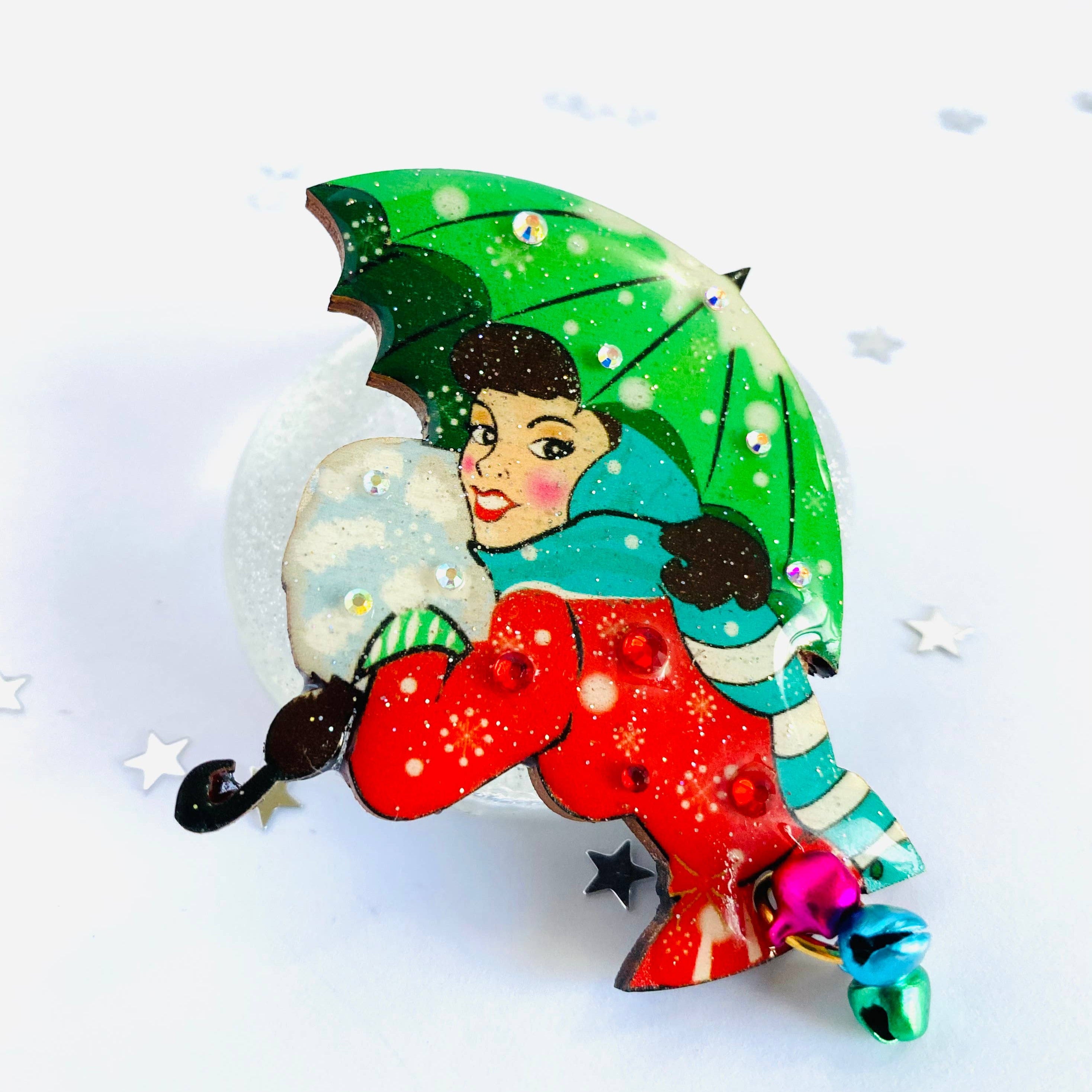 Christmas Umbrella Brooch by Rosie Rose Parker - Festive Holiday Jewelry for Women, Elegant Pin for Winter Coats, Scarves & Christmas Sweaters