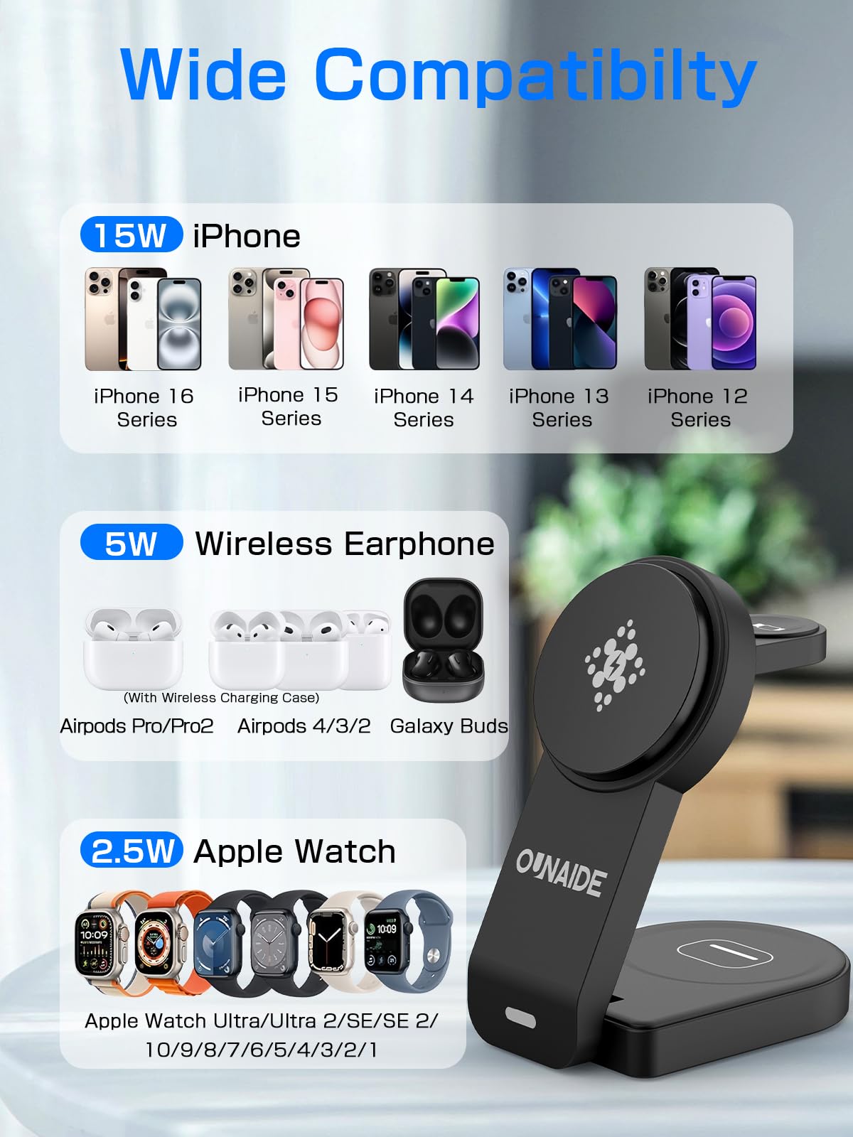 2025 3-in-1 Magnetic Wireless Charging Station - 18W Fast Foldable Charger Stand Compatible with iPhone 16/15/14/13/12 Series, Apple Watch & AirPods | Portable MagSafe Charging Dock for Home, Office & Travel - Black