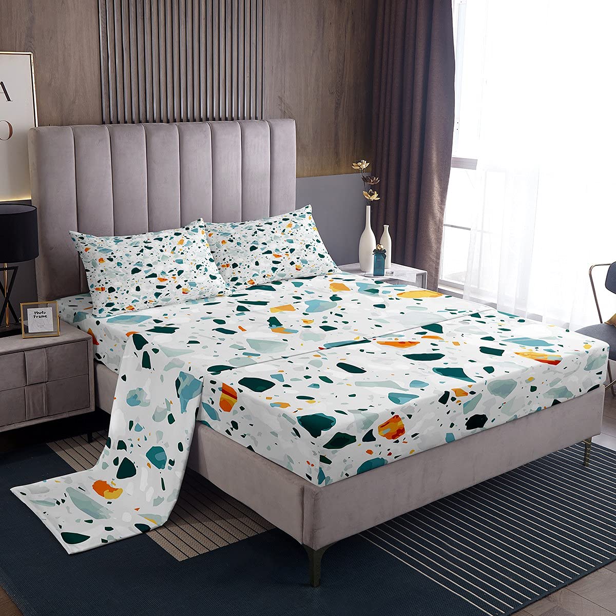 Manfei Terrazzo Bedding Set Queen Size - Colorful Stone Pattern 4-Piece Sheet Set with Deep Pocket Fitted Sheet, Flat Sheet & 2 Pillowcases - Abstract Marble Design for Kids, Boys & Girls Room Decor - Soft & Breathable Bed Sheets for Cozy Sleep & Stylish Bedroom Makeover