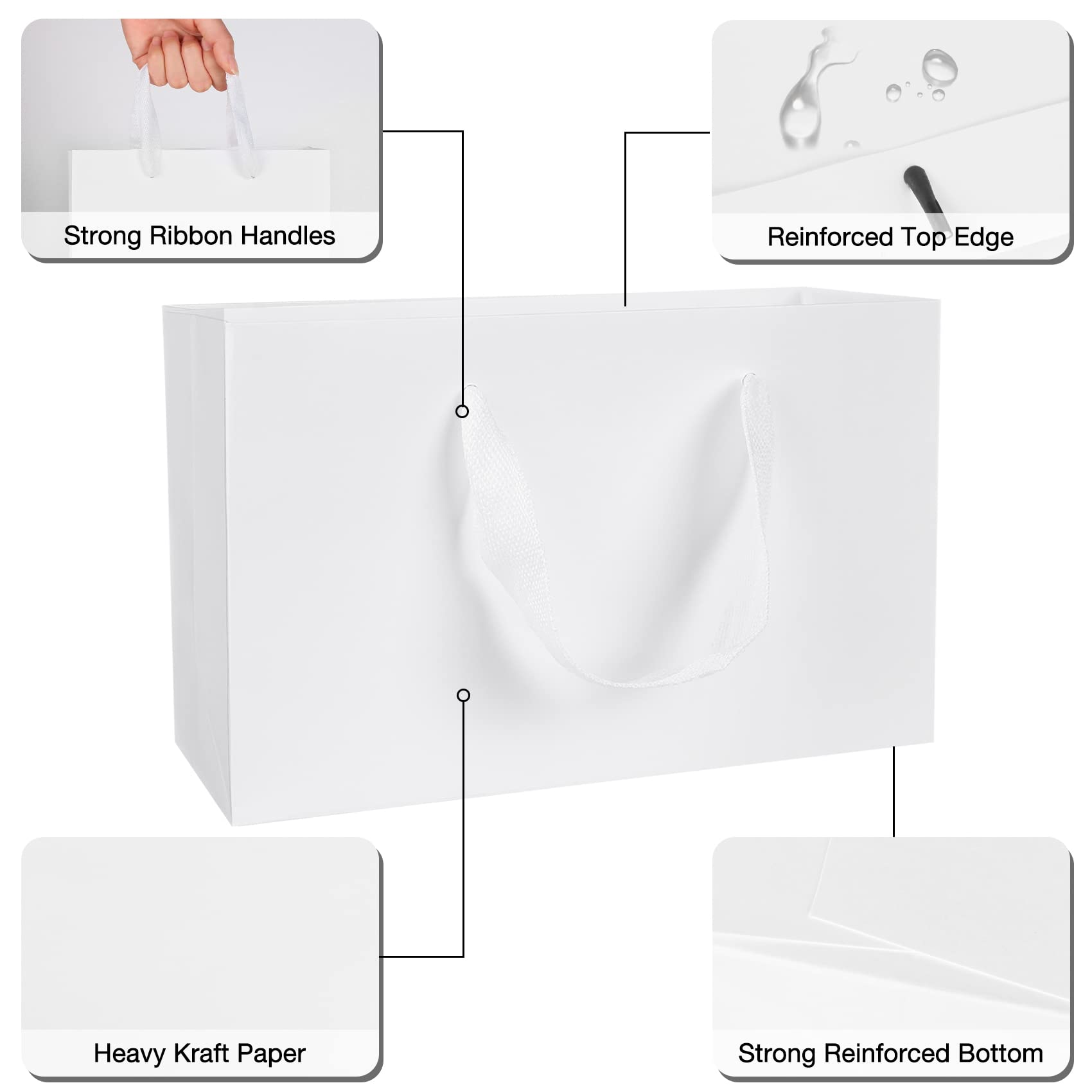 Eco-Friendly White Kraft Paper Gift Bags 10-Pack with Ribbon Handles - 8