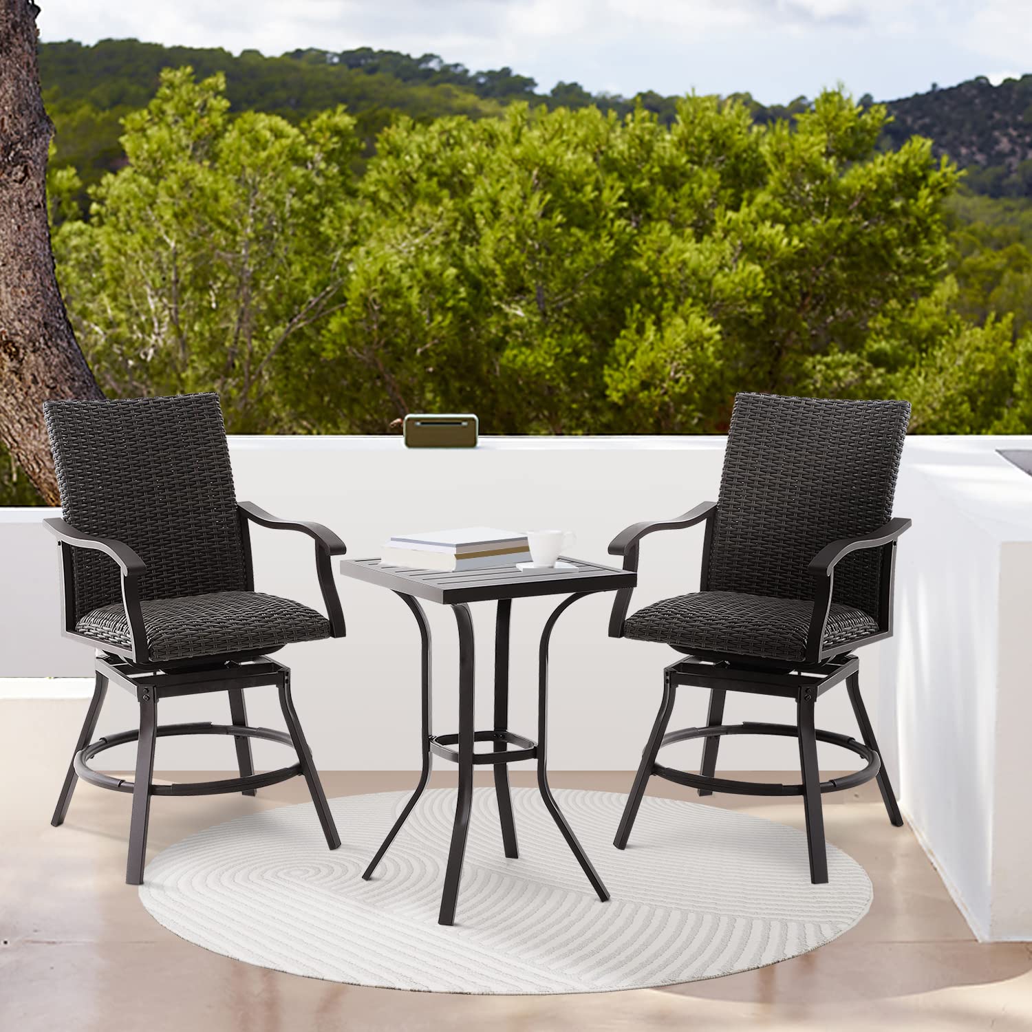 LAUSAINT HOME 3-Piece Outdoor Patio Bar Set - All-Weather Aluminum Frame with Swivel Rattan Bar Stools & Wicker Table - Perfect for Balcony, Garden, Poolside, or Tiki Bar Decor (Set of 2 Chairs + Table) - Ideal for Entertaining, Relaxing, and Outdoor Dining