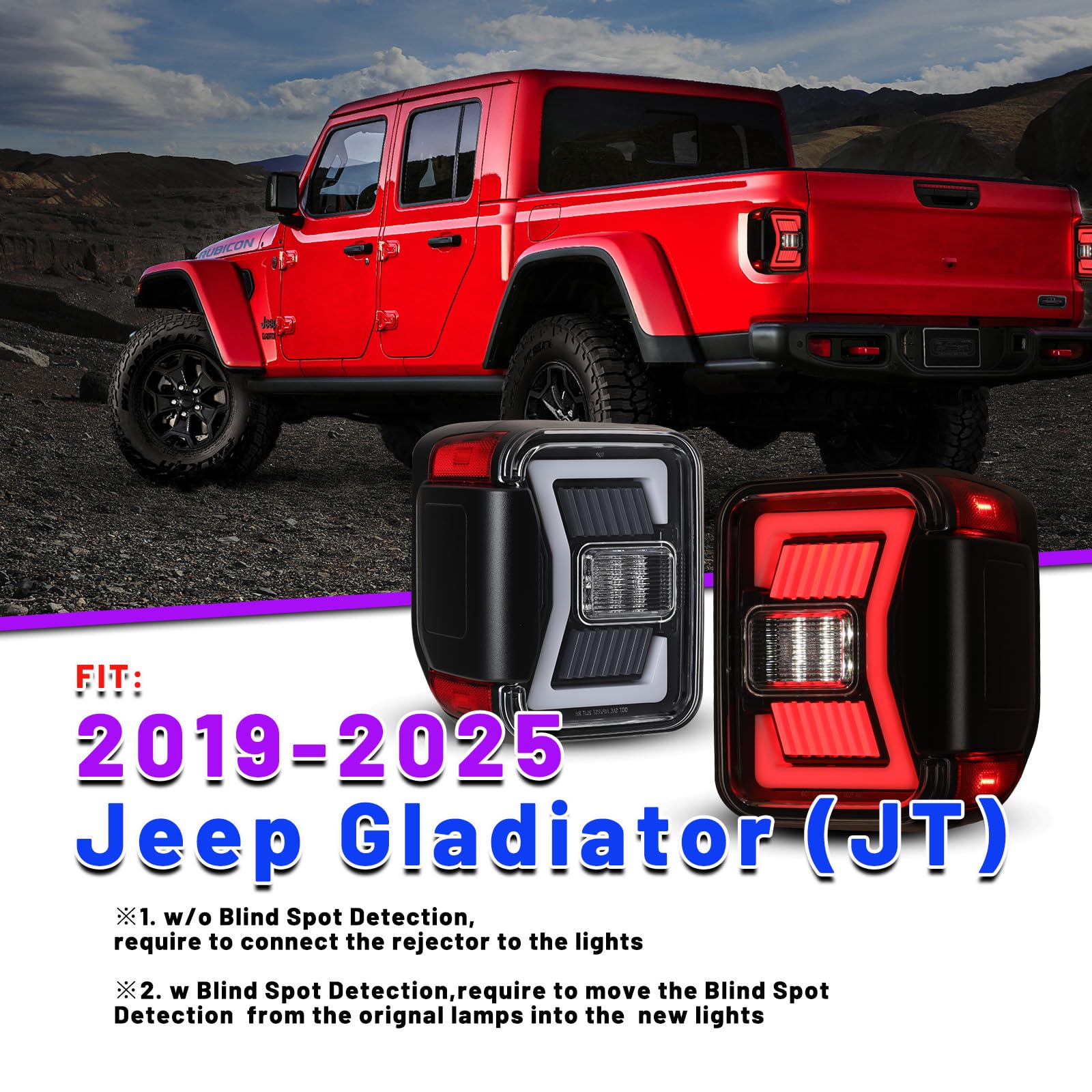 AUTOWIKI LED Tail Lights for 2019-2025 Jeep Gladiator JT - Glossy Black Clear Lens with Sequential Turn Signal - 1 Pair Rear Lamps Replacement - Perfect for Off-Roading & Night Driving