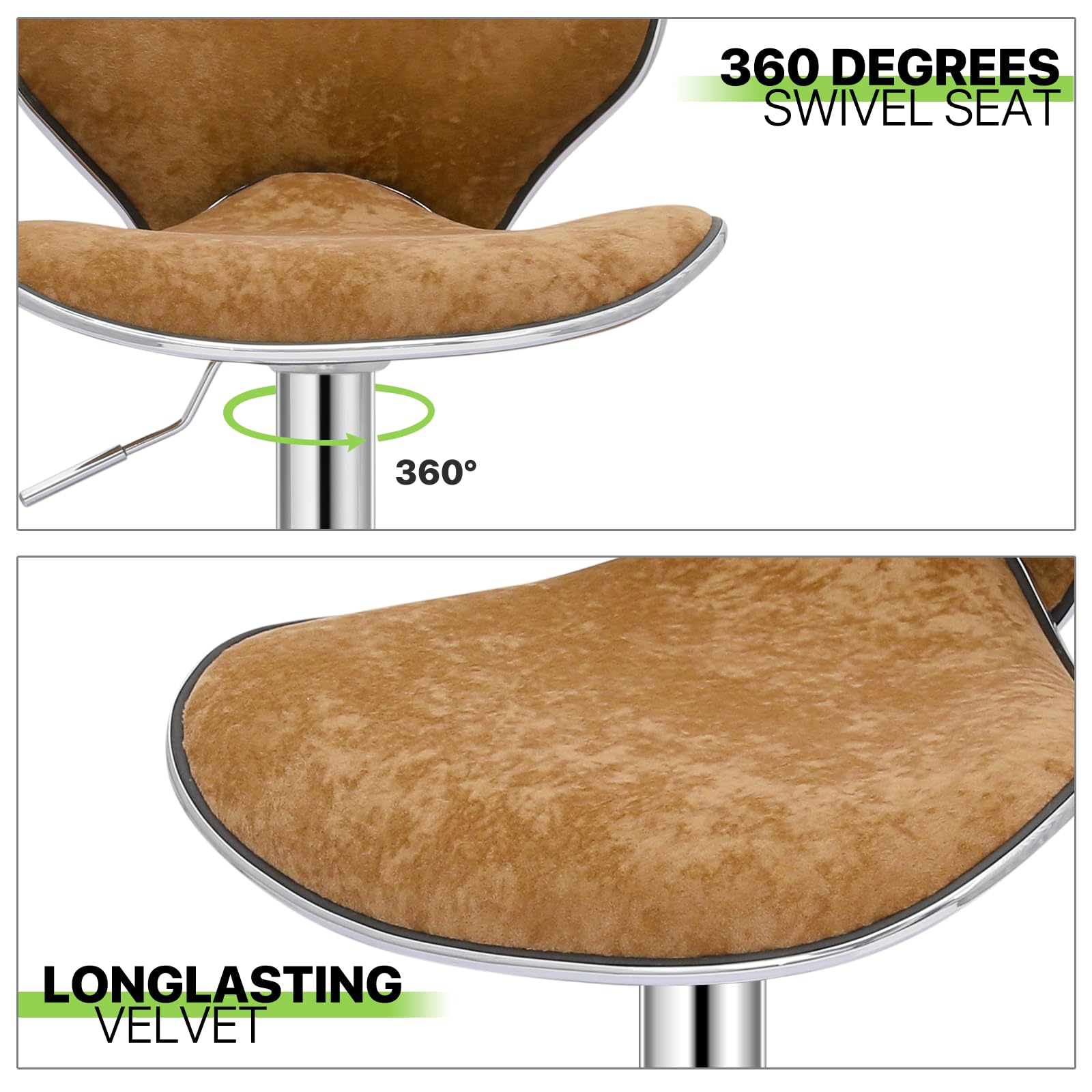 Magshion Set of 2 Modern Velvet Upholstered Adjustable Swivel Bar Stools - Kitchen Counter Height Dining Chairs in Cinnamon - Perfect for Home Bar, Kitchen Island & Breakfast Nook
