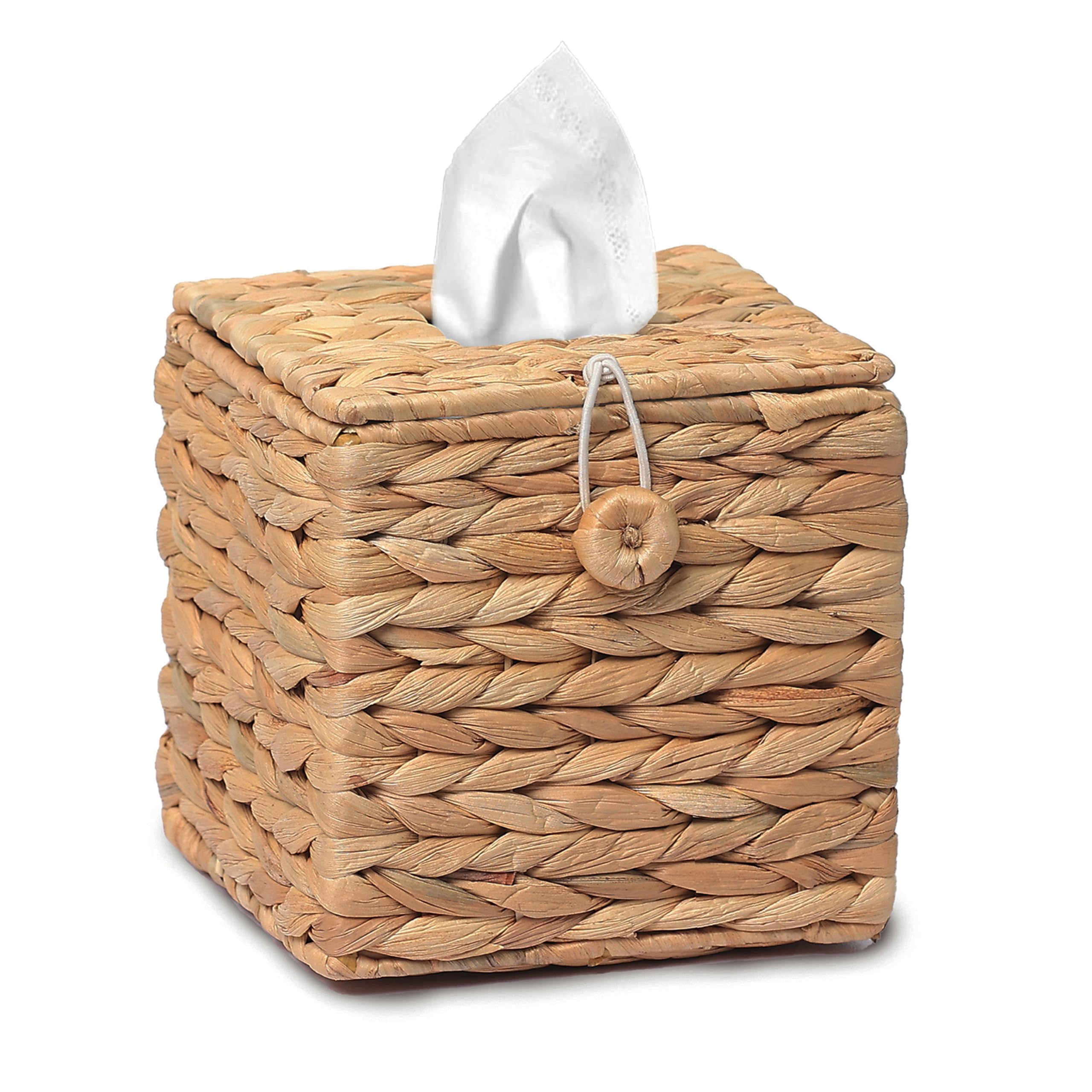 Rattan Wicker Tissue Box Cover with Flip-Open Top - Square Boho Decorative Woven Facial Tissue Holder for Bathroom, Living Room, Bedroom & Office Desk Organizer
