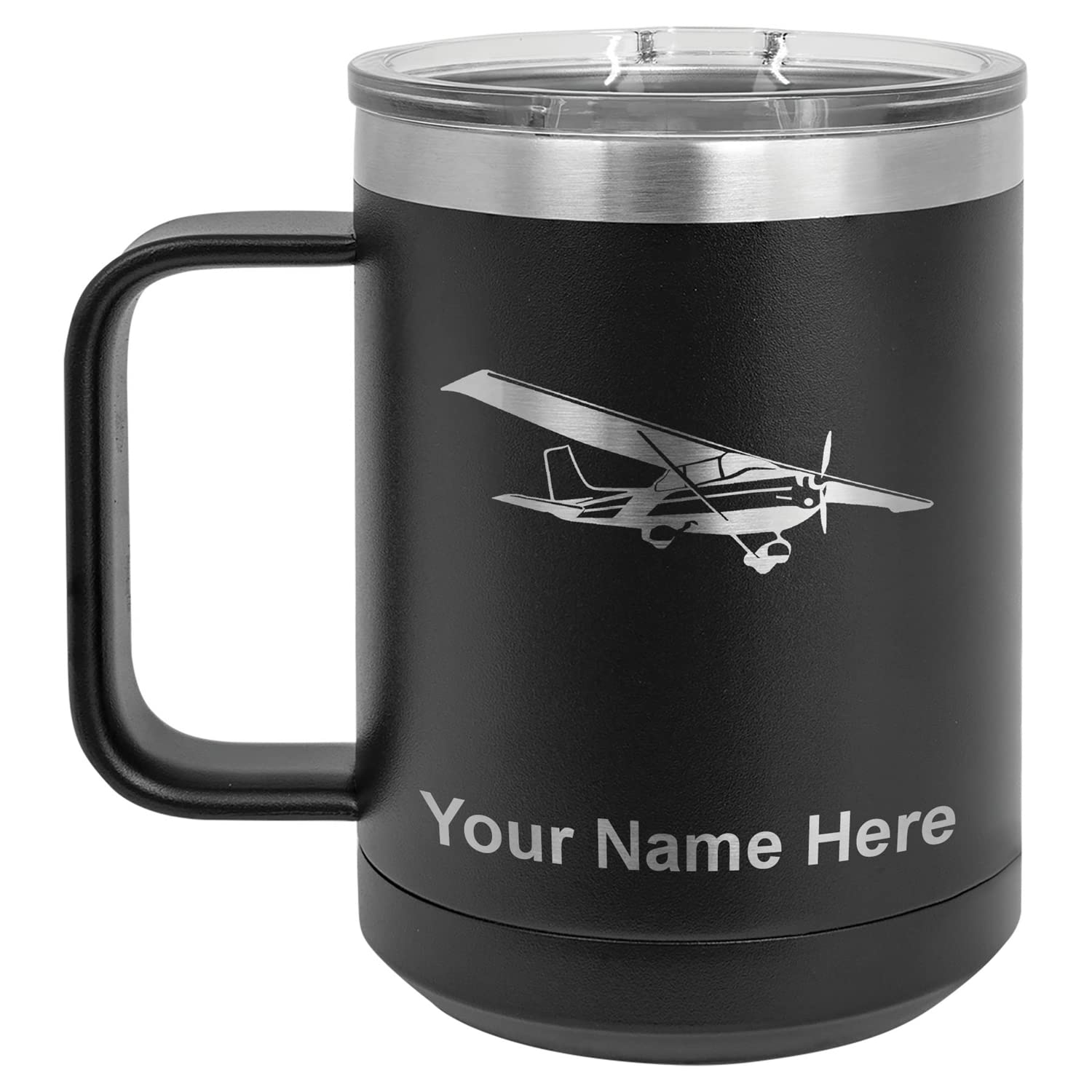 LaserGram 15oz Vacuum Insulated Stainless Steel Coffee Mug with High Wing Airplane Design - Personalized Engraving Included (Black) - Perfect for Travel, Office & Outdoor Use