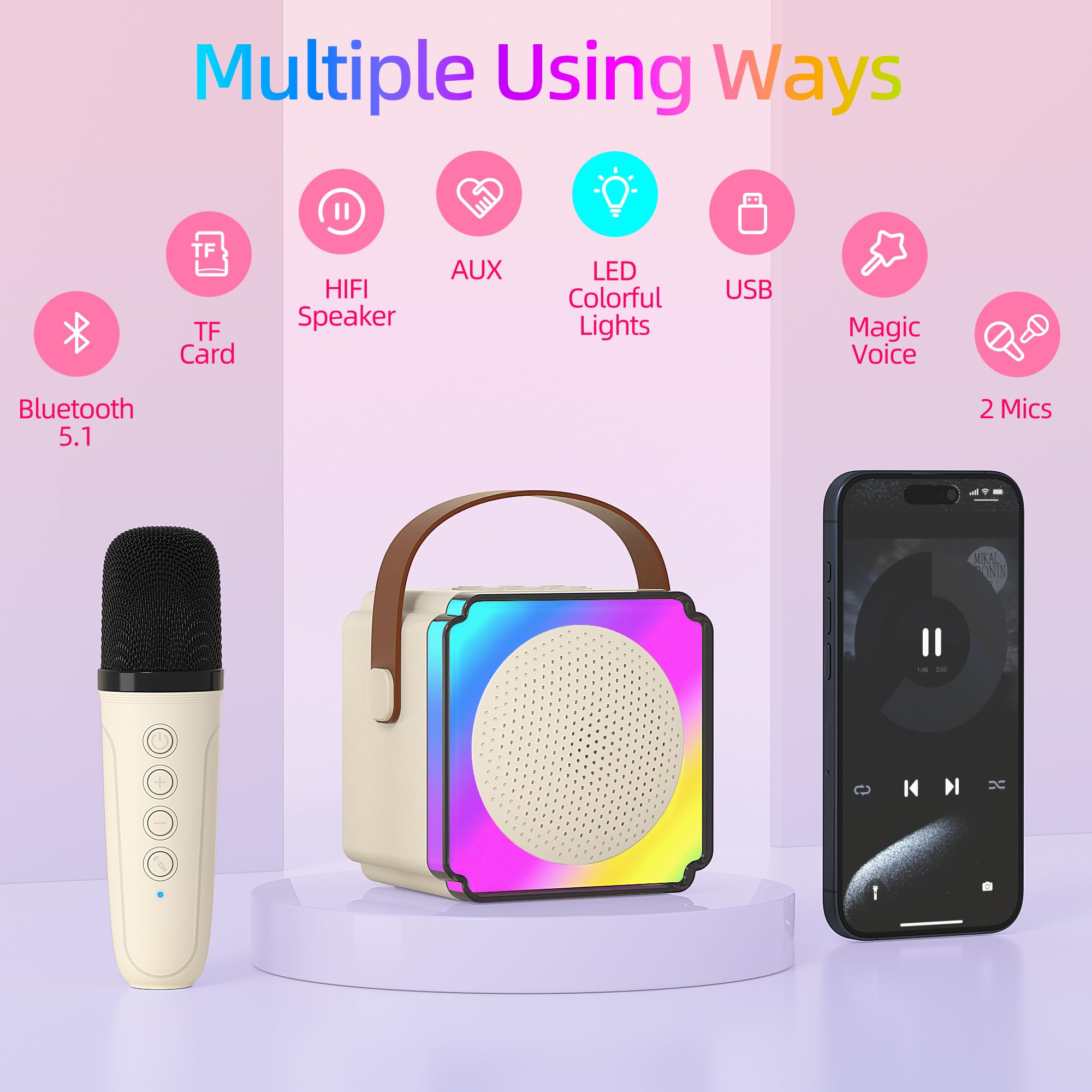 Wireless Karaoke Machine for Kids & Adults with 2 Microphones - Portable Bluetooth Singing System with Dynamic LED Lights for Home KTV, Birthday Parties, Outdoor Activities, Travel Entertainment & Family Fun
