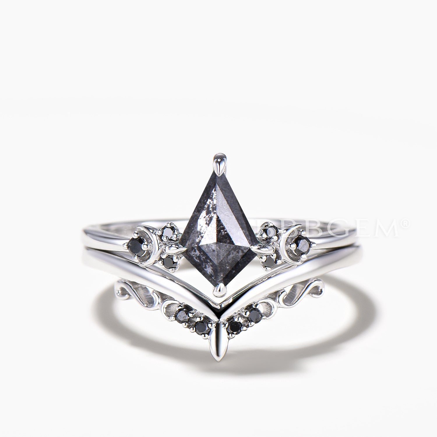 Kite Cut Salt and Pepper Diamond Moon Bridal Set - Black Diamond Wedding Band for Women | Unique Alternative Engagement Ring & Boho Wedding Jewelry