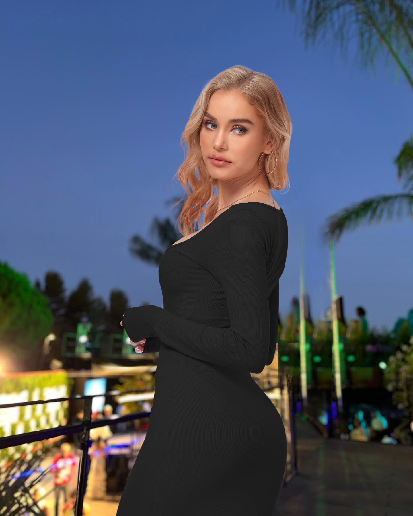 Relety Women's Bodycon Maxi Dress - Ribbed Long Sleeve Lounge Dress with Square Neck for Formal & Casual Wear | Perfect for Parties, Office, Date Night & Evening Events