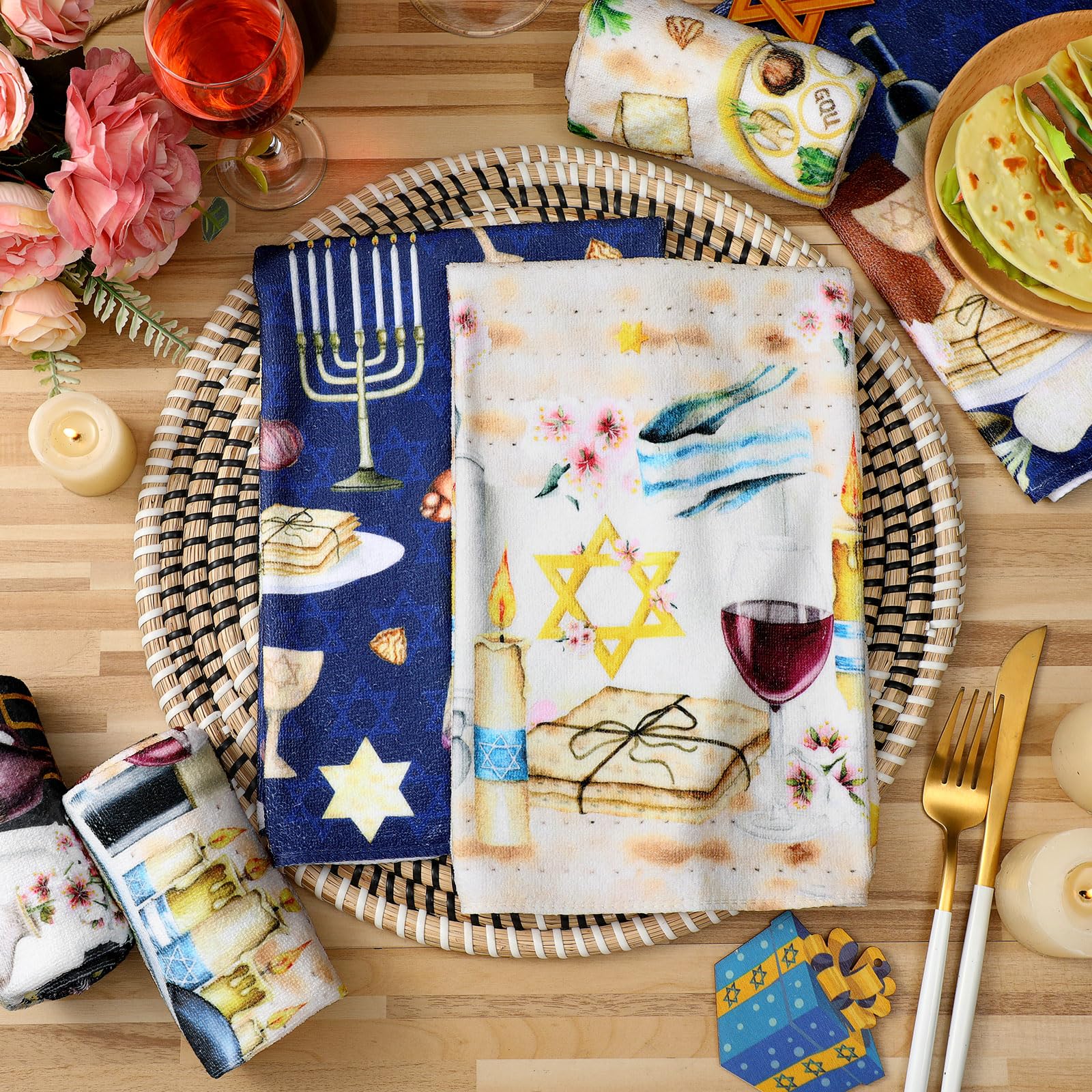 6-Pack Passover Kitchen Towels 14.2x21.3 Inch - Star of David Jewish Holiday Dish Towels for Seder Plate & Party Decor - Kosher Cotton Passover Gift for Jewish Holidays, Home & Festival Celebrations