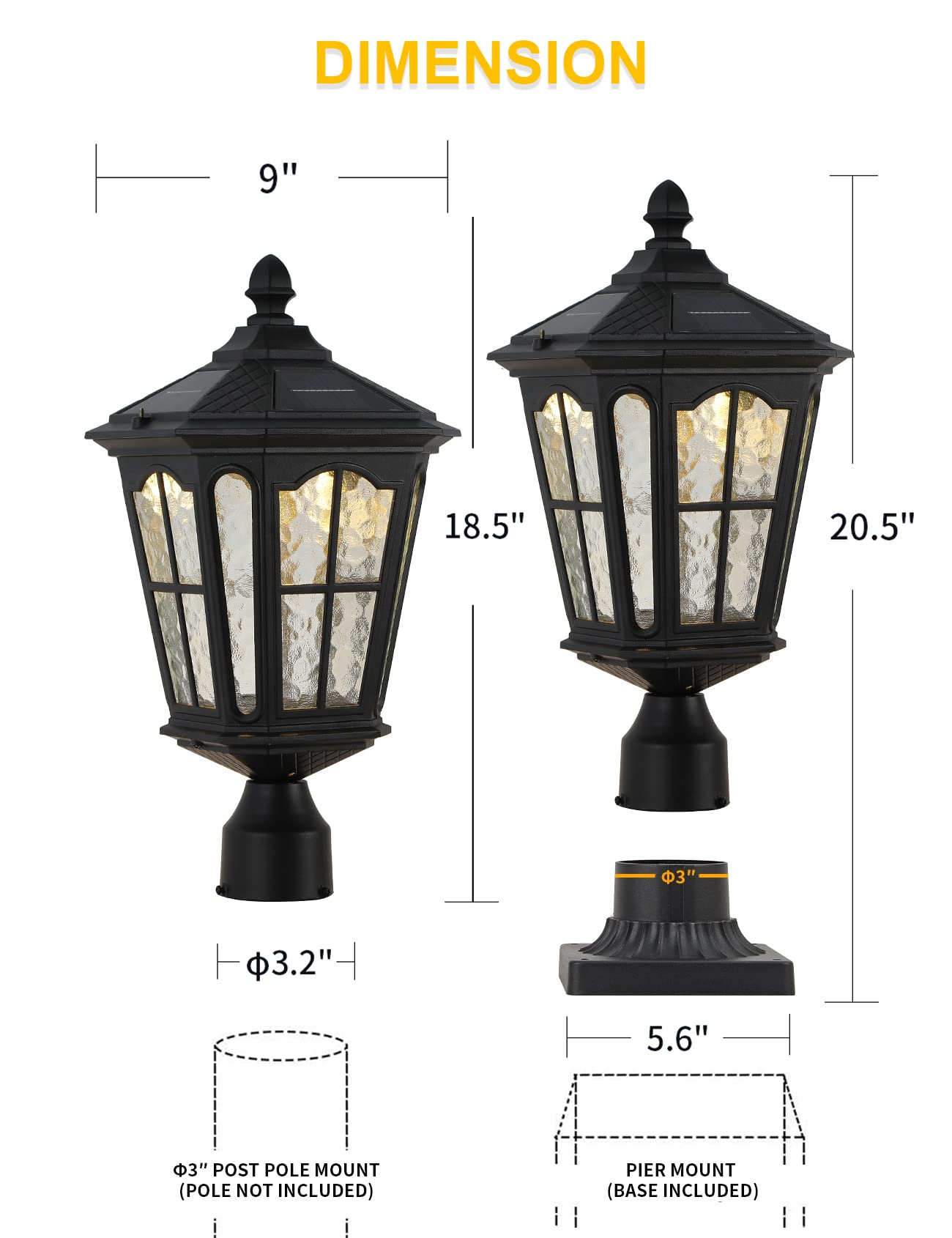 Outdoor Solar Lamp Post Light with 3-Inch Pier Mount Base - Classic Die Cast Aluminum & Water Glass Design - 20.5'' Matte Black Solar Pillar Light for Gate Columns, Driveways, Walkways & Garden Pathways - Perfect for Landscape Lighting, Patio Decor & Nighttime Safety