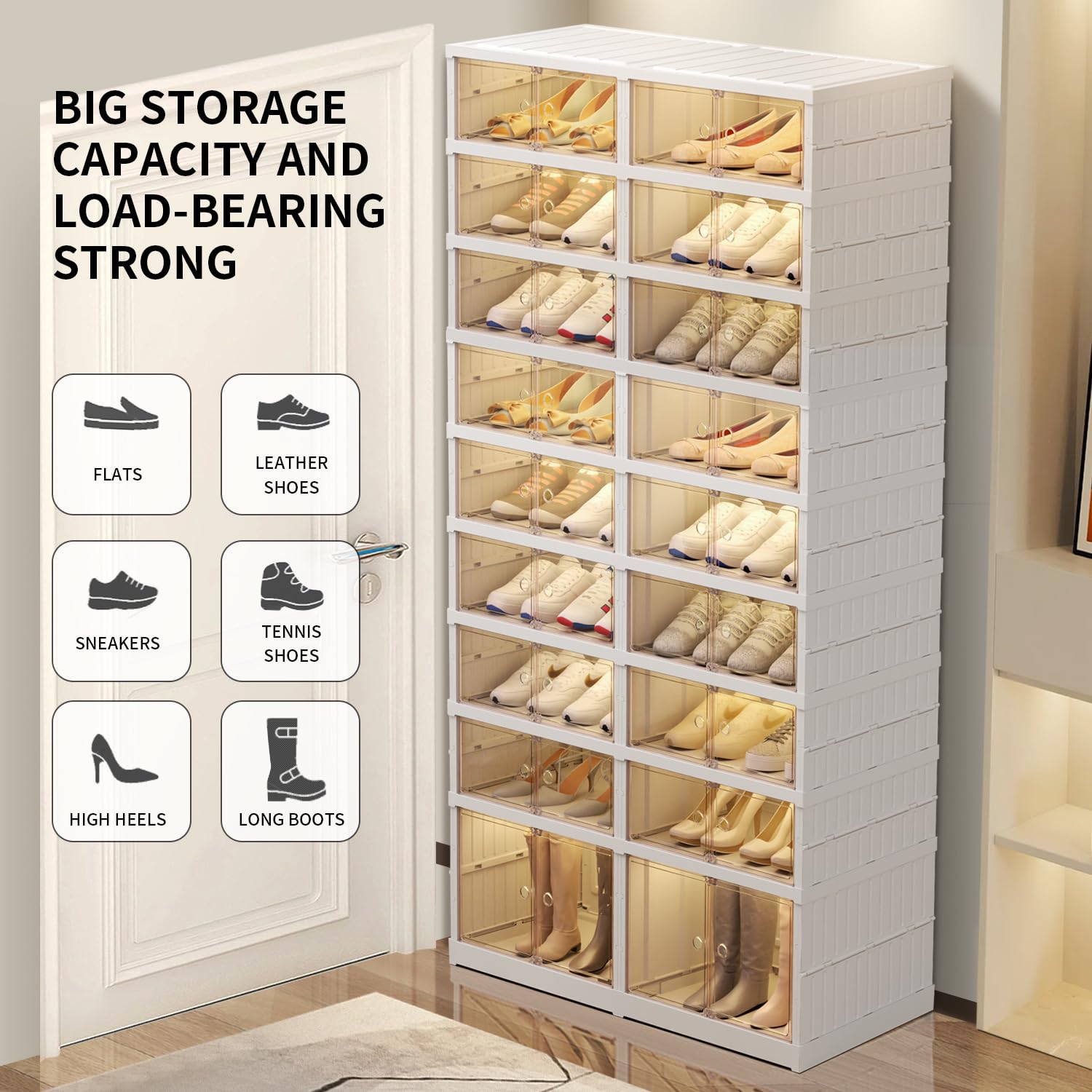 Foldable 9-Tier Shoe Rack Organizer for 18-36 Pairs - Space Saving Collapsible Clear Plastic Shoe Shelf for Closet, Entryway, or Front Door - Tall Stackable Folding Shoe Storage Cabinet - Perfect for Small Spaces, Apartments, and Dorm Rooms