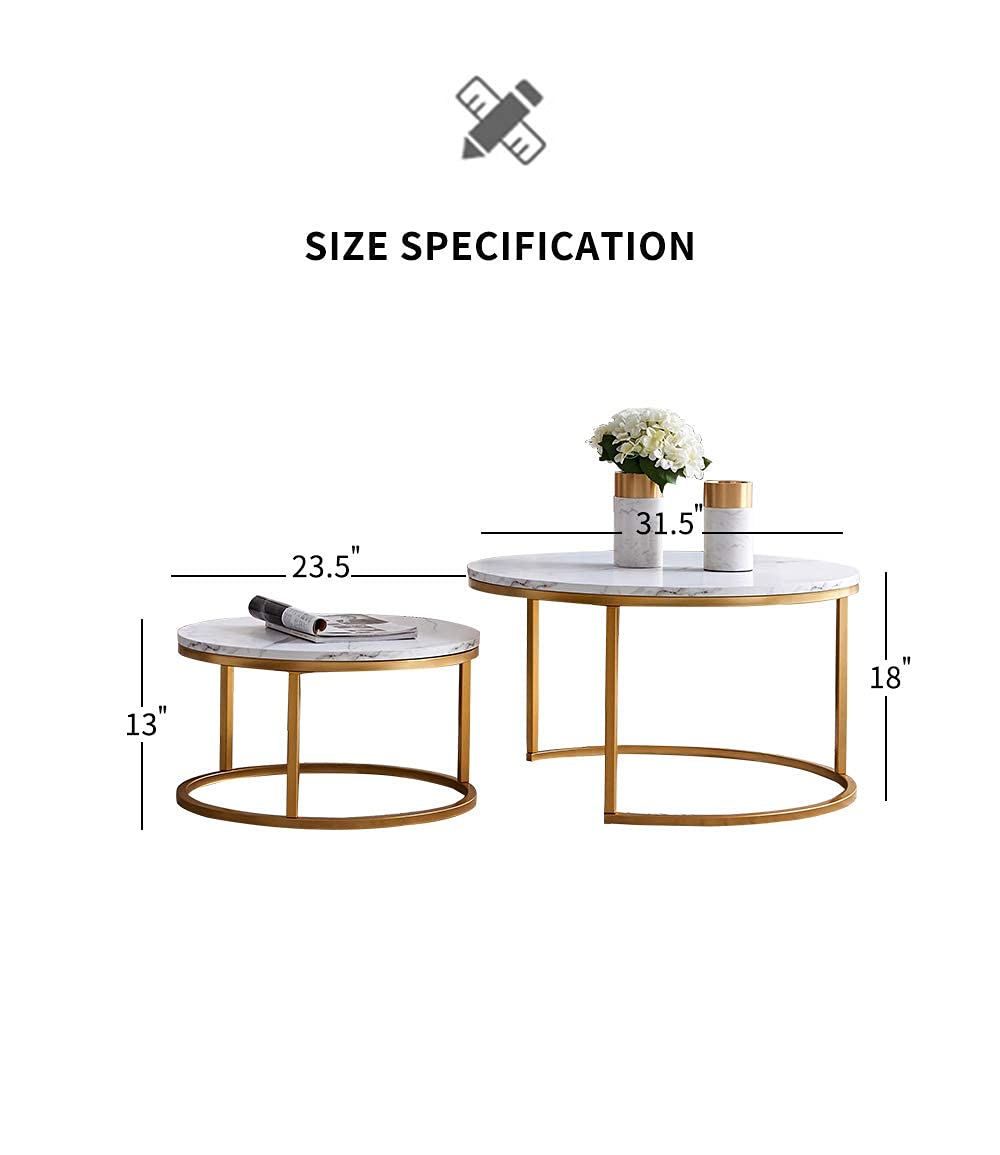 UNIE Modern Nesting Coffee Table Set of 2 - Round Accent Tables with Faux Marble Wood Top & Gold Metal Frame - Living Room, Office, Balcony Decor - Gold & White (ORW24714369) - Perfect for Small Spaces & Stylish Home Decor