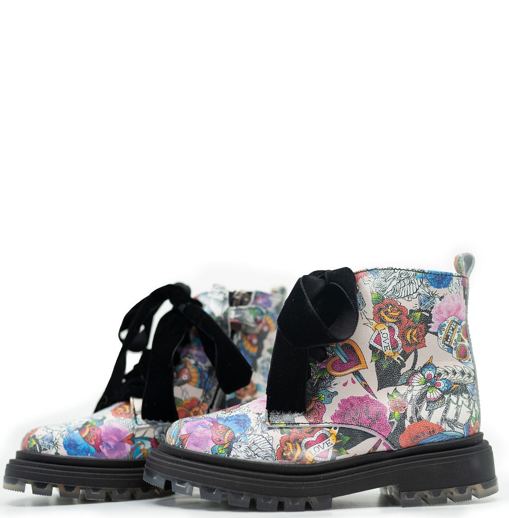 Papanatas Love Print Velvet Lace Booties - Women's Fashion Ankle Boots for Casual Wear & Date Nights
