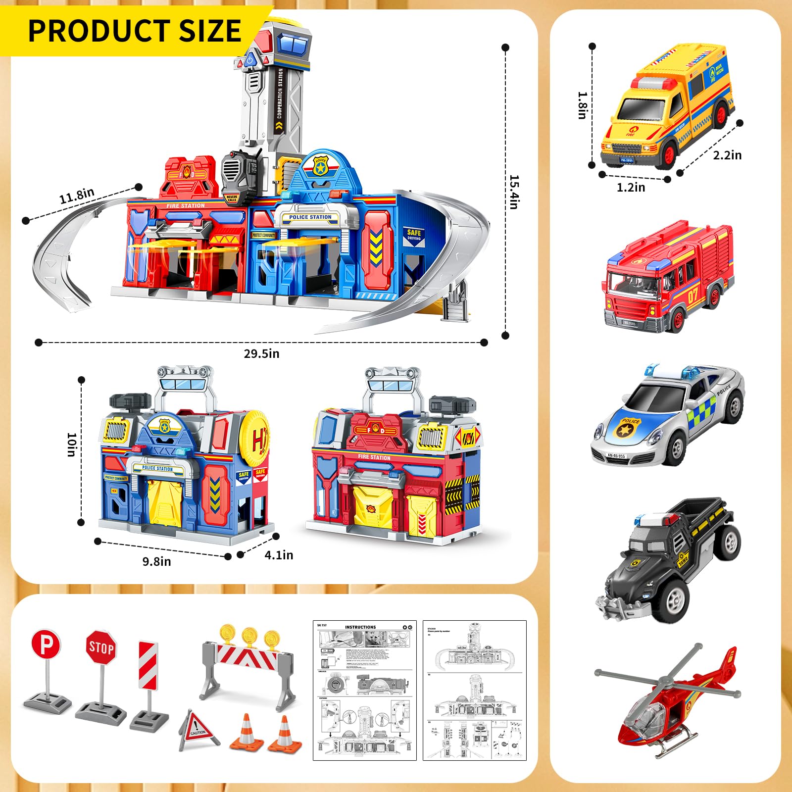 29.5'' Large City Action Rescue Vehicle Playset with Lights & Sounds - Police & Fire Station Transform Track with 4 Cars & Helicopter - STEM Learning Toys for 3-6 Year Old Boys & Girls - Perfect for Birthday Gifts & Pretend Play Scenarios