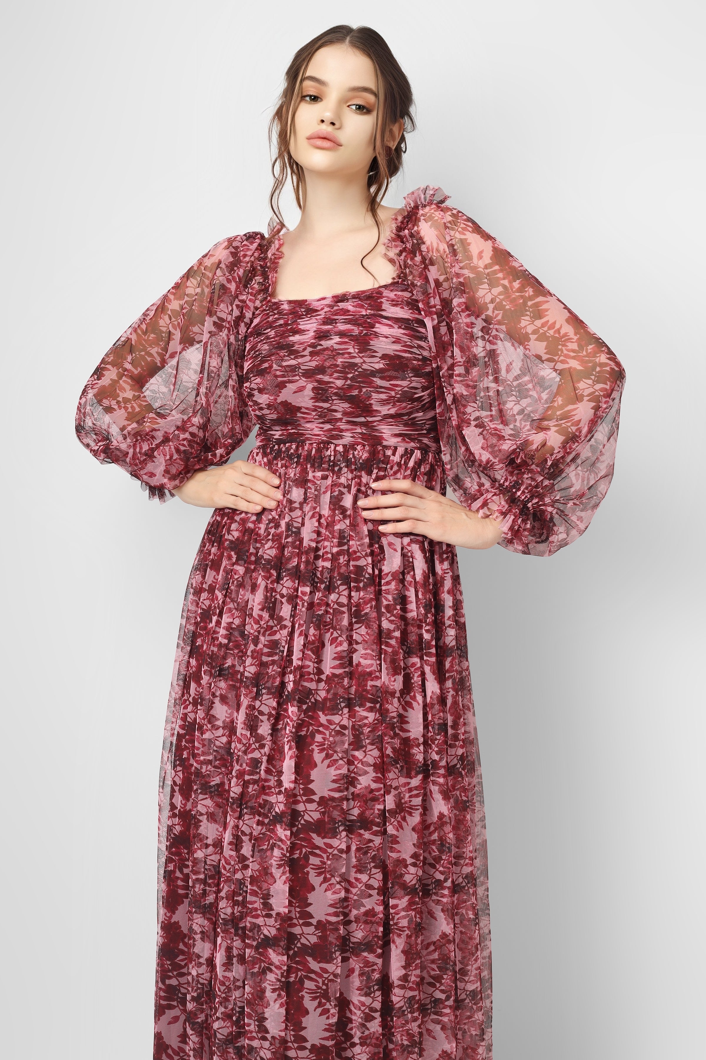 Lana Burgundy Printed Tulle Dress for Women - Elegant A-Line Party Gown with Floral Design, Perfect for Weddings, Prom, Evening Events and Special Occasions