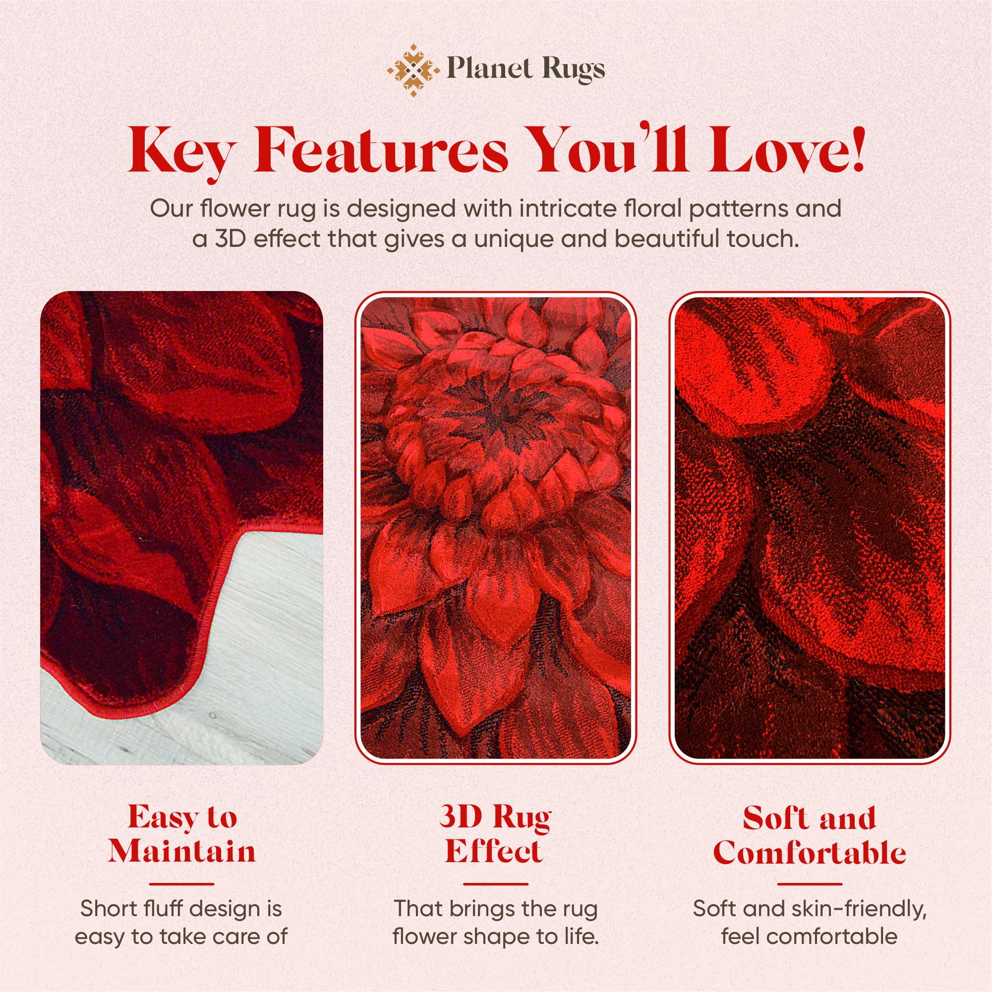 5ft Round Flower Shaped Area Rug - Soft Plush Girly Circle Carpet for Bedroom & Living Room - Vibrant Red Home Decor (Perfect for Boho Chic Decor, Kids Room & Nursery Flooring)