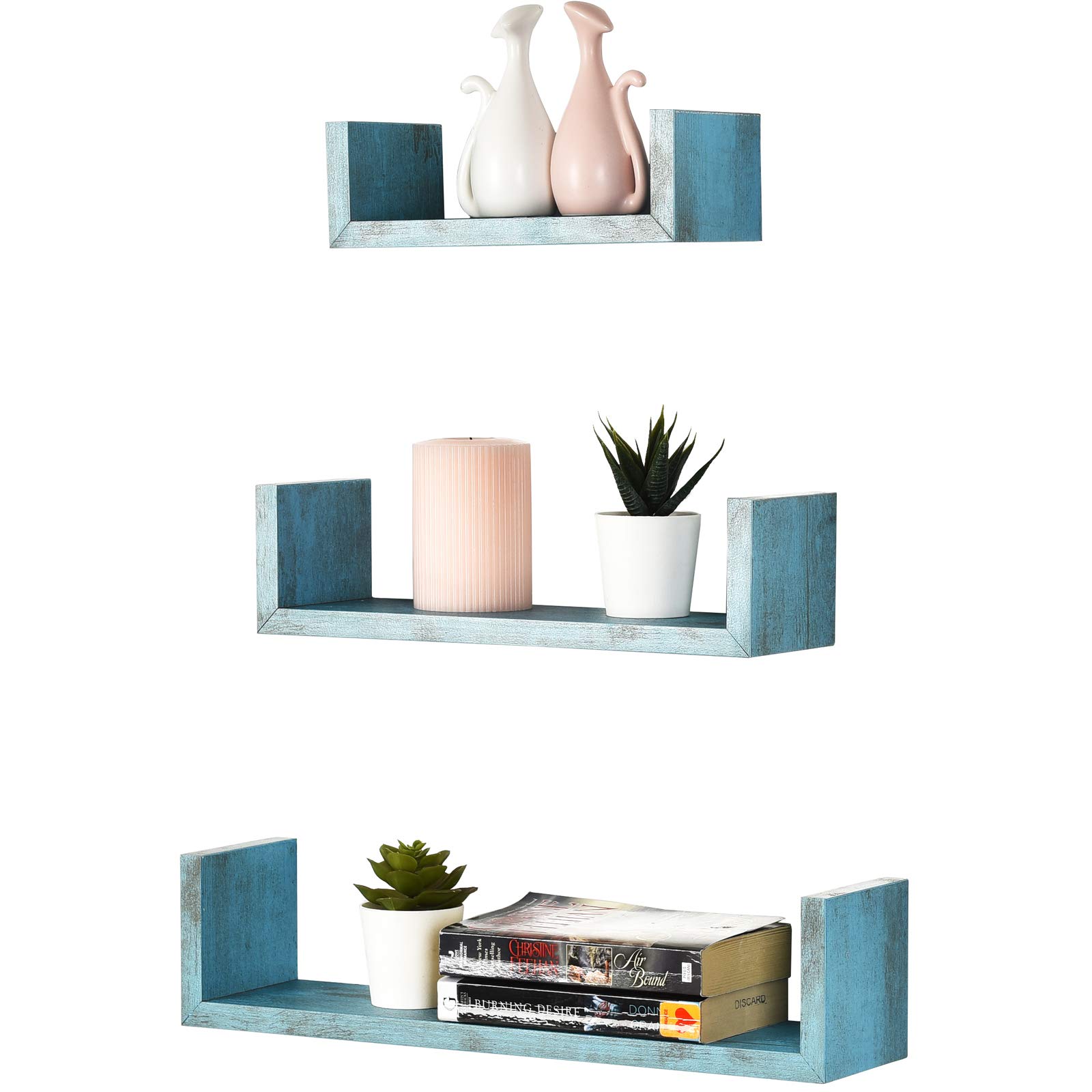 Greenco Set of 3 Floating U-Shaped Wall Shelves - Easy to Assemble Rustic Blue Wooden Shelves for Bedroom, Living Room & Office Decor - Perfect for Displaying Books, Photos & Home Decor Items