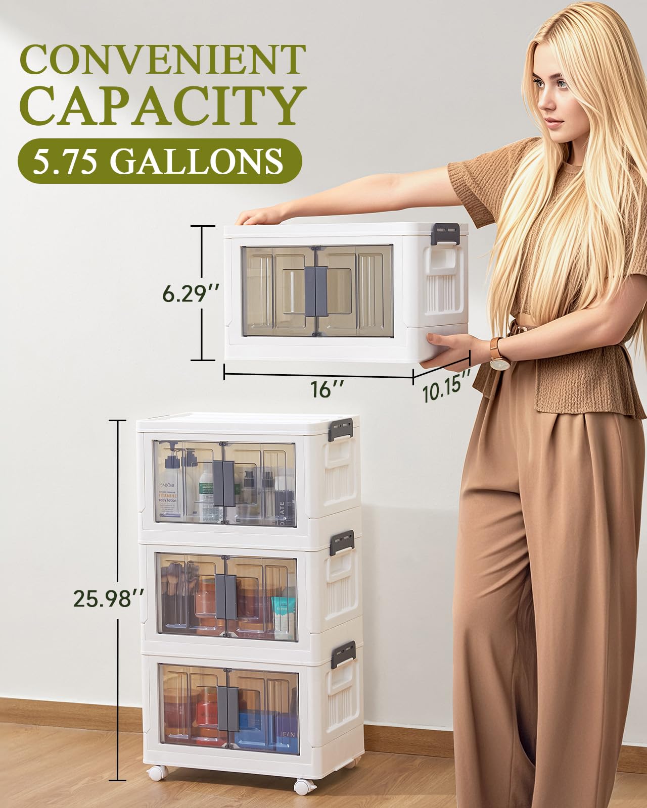 OlarHike 23QT Folding Storage Box with Doors & Wheels - Collapsible Plastic Storage Bins for Closet Organization, Stackable Storage Containers for Home, Office & Garage (3-Pack) - Perfect for Seasonal Clothes, Toys & Household Items Storage